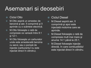Asemanari si deosebiri
 Ciclul Otto
 M.Otto aspiră un amestec de
benzină şi aer, îl comprimă şi îl
aprinde cu o scânteie electrică.
 M.Otto foloseşte o rată de
compresie ce variază între 8:1
şi 12:1.
 M.Otto foloseşte un carburator
unde este amestecată benzina
cu aerul, sau o pompă de
injecţie (carburantul nu este
injectat direct în cilindru).
 Ciclul Diesel
 M.Diesel aspiră aer, îl
comprimă şi apoi este
injectată motorina care se
aprinde.
 M.Diesel foloseşte o rată de
compresie mult mai mare şi
anume 14:1 până la 25:1.
 M.Diesel foloseşte injecţie
directă, în care combustibilul
este injectat direct în cilindru.
 