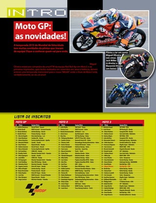 18 10/2014 
A temporada 2015 do Mundial de Velocidade 
tem muitas novidades de pilotos que trocam 
de equipa! Fique a conhecer quem vai para onde. 
2015 começa a parecer-se com o que será a melhor temporada da era moderna do 
Mundial de Velocidade, não só porque as regras técnicas parecem trazer de volta o 
espetáculo para as pistas, como ao nível dos pilotos vamos ter várias novidades em todas 
as categorias. E começamos pela mais importante de todas para as cores lusas: Miguel 
Oliveira estará aos comandos de uma KTM da equipa Red Bull Ajo em Moto3, e as 
primeiras impressões, após testes realizados em novembro em Jerez e Valência, deixam 
antever uma temporada memorável para o nosso “MIG44”, onde o título de Moto3 está, 
verdadeiramente, ao seu alcance! Quanto à categoria principal, MotoGP, destaque aos 
regressos de Marco Melandri e Alex de Angelis, o primeiro para a Gresini Aprilia e o 
segundo para a Ioda Racing, a chegada de Loris Baz para a NGM Forward Yamaha - que 
também conta com Stefan Bradl, e, ainda no campo dos mais “velhos”, a entrada de 
Eugene Laverty para a equipa Drive M7 Aspar Honda. Quanto aos mais novos, Jack Miller 
(CWM LCR Honda) é um dos pilotos a ter em conta pois deu o salto direto das Moto3 
para as MotoGP. Outro “rookie” a ter em atenção, é o espanhol Maverick Viñales, que foi 
escolhido pela Suzuki para fazer equipa com Aleix Espargaró (que saiu da NGM Forward 
Yamaha). Quanto às principais equipas, a única que conta com novo piloto é a Ducati, 
pois Andrea Iannone estará ao lado de Andrea Dovizioso, com Cal Crutchlow a sair para a 
CWM LCR Honda. Nas Moto2 teremos ainda mais equilíbrio, pois Esteve Rabat (campeão) 
mantém-se e passa a ter como companheiro o atual campeão de Moto3, Alex Márquez, 
nas Marc VDS, além de vermos a chegada de Alex Rins para a Paginas Amarillas HP40. 
Moto GP: 
as novidades! 
LISTA DE INSCRITOS 
Nº Piloto Equipa/Moto 
4 – Andrea Dovizioso Ducati Team – Ducati 
6 – Stefan Bradl NGM Forward – Forward Yamaha 
8 – Hector Barberá Avintia Racing – Ducati 
9 – Danilo Petruci Pramac Racing – Ducati 
15 – Alex de Angelis Octo Ioda Racing – n.d. 
17 – Karel Abraham Cardion AB – Honda 
19 – Alvaro Bautista Factory Aprilia Gresini – Aprilia 
25 – Maverick Viñales Suzuki – Suzuki 
26 – Dani Pedrosa Repsol Honda – Honda 
29 – Andrea Iannone Ducati Team – Ducati 
33 – Marco Melandri Factory Aprilia Gresini - Aprilia 
35 – Cal Crutchlow CWM LCR – Honda 
38 – Bradley Smith Monster Yamaha Tech3 – Yamaha 
41 – Aleix Espargaró Suzuki – Suzuki 
43 – Jack Miller CWM LCR – Honda 
44 – Pol Espargaró Monster Yamaha Tech3 – Yamaha 
45 – Scott Redding Marc VDS Racing – Honda 
46 – Valentino Rossi Movistar Yamaha – Yamaha 
50 – Eugene Laverty Drive M7 Aspar – Honda 
63 – Mike di Meglio Avintia Racing – Ducati 
68 - Yonny Hernandez Pramac Ducati – Ducati 
69 – Nicky Hayden Drive M7 Aspar – Honda 
76 – Loris Baz NGM Forward – Forward Yamaha 
93 – Marc Marquez Repsol Honda – Honda 
99 – Jorge Lorenzo Movistar Yamaha – Yamaha 
MOTO GP 
Nº Piloto Equipa/Moto 
2 – Jesko Raffin SAG Team – Kalex 
3 – Simone Corsi NGM Forward – Kalex 
4 – Randy Krummenacher JiR Moto2 – n.d. 
5 – Johan Zarco Ajo Motorsport – Kalex 
8 – Gino Rea AGT Rea Racing – Kalex 
10 – Thitipong Warokorn APH PTT Pizza SAG –Kalex 
11 – Sandro Cortese Dynavolt Intact GP – Kalex 
12 – Thomas Luthi Derendinger Racing Interwetten – Kalex 
19 – Xavier Simeon Federal Oil Gresini – Kalex 
21 – Franco Morbidelli Italtrans Racing – Kalex 
22 – Sam Lowes Speed Up – Speed Up 
23 – Marcel Schrotter Tech3 – Tech3 
25 – Azlan Shan Idemitsu Honda – Kalex 
30 – Takaaki Nakagami Idemitsu Honda – Kalex 
36 – Mika Kallio Italtrans Racing – Kalex 
39 – Luis Salom Paginas Amarillas HP40 – Kalex 
40 – Alex Rins Paginas Amarillas HP40 – Kalex 
49 – Axel Pons AGR – Kalex 
53 – Tito Rabat Marc VDS Racing – Kalex 
55 – Hafhiz Syahrin Petronas Raceline Malasia – Kalex 
60 – Julian Simon QMMF Racing – Speed Up 
66 – Florian Alt Octo IodaRacing – Suter 
70 – Robin Mulhauser Technomag Racing Interwetten – Kalex 
73 – Alex Marquez Marc VDS Racing – Kalex 
77 – Dominique Aegerter Technomag Racing Interwetten – Kalex 
88 – Ricky Cardus Tech3 – Tech3 
94 – Jonas Folger AGR Team – Kalex 
95 – Anthony West QMMF Racing – Speed Up 
96 – Louis Rossi Tasca Racing Scuderia – Tech3 
MOTO 2 
Nº Piloto Equipa/Moto 
5 – Romano Fenati SKY VR46 - KTM 
9 – Scott Derue RW Racing GP - Honda 
10 – Alexis Masbou Saxoprint RTG - Honda 
11 – Matteo Ferrari San Carlo Italia - Mahindra 
16 - Andrea Migno SKY VR46 - KTM 
17 - John McPhee Saxoprint RTG - Honda 
19 - Alessandro Tonucci Ambrogio Racing - Mahindra 
20 – Fabio Quartaro Estrella Gallicia 0,0 - Honda 
21 - Francesco Bagnaia Mapfre Aspar - Mahindra 
22 – Ana Carrasco BOE41 RBA - KTM 
23 - Niccolo Antonelli Ongetta Rivacold - Honda 
24 - Tatsuki Suzuki CIP - Mahindra 
29 – Stefano Manzi San Carlo Italia - Mahindra 
31 – Niklas Ajo BOE41 RBA - KTM 
32 – Isaac Vinales Calvo - Husqvarna 
33 – Enea Bastianini Gresini Racing - Honda 
40 – Daryn Binder Ambrogio Racing - MAHINDRA 
41 – Brad Binder Red Bull Ajo - KTM 
44 – Miguel Oliveira Red Bull Ajo - KTM 
50 - Hiroki Ono Kiefer Racing - Honda 
52 – Danny Kent Kiefer Racing - Honda 
55 – Andrea Locatelli Gresini Racing - Honda 
57 – Eric Granado Calvo - Husqvarna 
58 - Juanfran Guevara Mapfre Aspar - Mahindra 
63 - Zulfhami Khairuddin S.I.C. - KTM 
65 - Philipp Oettl TT Motion Events - KTM 
84 - Jakub Kornfeil CIP - Mahindra 
88 – Jorge Martin Mapfre Aspar - Mahindra 
91 – Gabriel Rodrigo BOE41 RBA - KTM 
95 – Jules Danilo Ongetta-Rivacold - Honda 
98 – Karel Hanika Red Bull Ajo - KTM 
99 – Jorge Navarro Estrella Gallicia 0,0 - Honda 
MOTO 3 
Pilotos a ter em conta: 
Miguel Oliveira 
(em cima), 
Jack Miller 
(à direita) e 
Maverick Viñales 
(em baixo) 
 