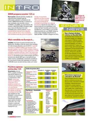 12 03/2015
A ACEM, Associação Europeia de Fabricantes de
Motociclos, divulgou a lista de motos mais vendidas
em solo europeu durante o ano de 2014. E a grande
vencedora é a BMW R1200GS, que durante o ano
passado“vendeu”mais de 18.000 unidades e bateu a
Yamaha MT07 que atingiu vendas superiores a 13.000
unidades, enquanto a fechar o“top 3”de motos mais
vendidas na Europa encontramos a scooter Peugeot
Kisbee 50. De destacar que a nível europeu 2014 foi o
primeiro ano desde 2007 que o mercado de duas
rodas mostrou estabilidade, mantendo a tendência
de crescimento, tendo sido registados um total de
1.099.000 novos veículos de duas rodas com motor.
Num evento rodeado de fortes medidas de
segurança para impedir fugas de
informação, realizado no Autódromo do
Estoril, a BMW Motorrad deu a conhecer as
suas novidades mais recentes, como a
S1000XR e a R1200RS, aos importadores. No
entanto, a MOTOCICLISMO conseguiu saber
que a marca de Munique tem mais
novidades para o futuro próximo. A mais
surpreendente é de que está a trabalhar
numa scooter de 125 cc mas, no entanto,
esta novidade ainda não passou do papel à
estrada. A nossa fonte
garantiu-nos que a scooter
125 cc vai mesmo avançar,
mas para já ainda não foi
mostrado um protótipo nem data de
lançamento. Quanto às novas 300 cc, a
mesma fonte já viu os protótipos: uma
versão trail tipo“mini GS”, com dimensões
semelhantes a uma F700GS, e uma versão
naked parecida com uma F800R. Ambas as
motos serão reveladas oficialmente no
Salão de Milão - EICMA, e chegam em 2016.
BMW prepara scooter 125 cc
No primeiro mês de
2015, os dados revelados
pela ACAP relativos ao
mercado dos motociclos
e ciclomotores e ATV/
Moto4, mostra que
apenas no segmento
acima dos 125 cc
podemos contar com
números positivos, aliás,
um crescimento
assinalável de quase 20%
em relação ao período
homólogo de 2014. No
que respeita ao“Top
Modelos”, o início do ano
permitiu que esta
classificação apresente
agora quatro modelos
acima dos 125 cc. No
entanto, a rainha de
vendas continua a ser a
Honda PCX 125.
Positivo apenas
acima das 125
Dados:
ACAP
Sport
News
Rea e Haslam dividem
vitórias no Mundial SBK
Estáoficialmenteabertaatemporada2015
doMundialdeSuperbike,comarealizaçãoda
rondainauguralemPhillipIsland,Austrália.
AsduasmangasdacategoriaSuperbikeforam
extremamentedisputadas,comasvitóriasa
sorriremaJonathanRea(1ªmanga)eLeon
Haslam(2ªmanga),pilotosdaKawasakieAprilia
respetivamente.ChazDavies(Ducati)foiterceiro
classificadonasduascorridas.Nacategoria
Supersport,aMVAgustafezadobradinha,
comJulesCluzelasuperiorizar-seaLorenzo
Zanetti,eGinoRea(Honda)foiterceiro.Veja
todasasinformaçõeseresultadosdoMundialde
Superbikeemwww.motociclismo.pt.
Silverstone regressa ao
calendário de MotoGP
DepoisdeDoningtonParknãoterconseguido
garantiroscompromissoscomerciaiscoma
DornaparareceberarondabritânicadoMundial
deVelocidade,aFederaçãoInternacional
deMotociclismoconseguiureorganizaro
calendárioeocircuitodeSilverstonevoltaaser
opalcoescolhido.Assim,oGrandePrémiodo
ReinoUnidorealiza-seemSilverstonedurante
aspróximasduastemporadas,sendoqueeste
anooGPseránofimdesemanade28a30de
agosto.Depoisde2016estepassaráarealizar-se
nocircuitodeGales,atualmenteemconstrução.
	 Variação %	 Unidades	 Unidades
		 2015	2014Motociclos +125 cc
Janeiro	 19,9%	422	352
Acumulado de 2015	 19,9%	 422	 352
Motociclos125cc			
Janeiro	 -2,4%	 519	532
Acumulado de 2015	 -2,4%	 519	 532
Ciclomotores 50 cc			
Janeiro	 -11%	 137	154
Acumulado de 2015	 -11%	 137	 154
Moto4 / ATV +50 cc			
Janeiro	 -23,3%	33	 43
Acumulado de 2015	 -23,3%	 33	 43
Dados de janeiro 2015
Motociclos
+ 125 cc
Honda	116
Yamaha	83
BMW	69
KTM	41
Kawasaki	17
H.-Davidson	13
Beta	12
Suzuki	12
Ducati	10
Piaggio	10
Motociclos50/125cc
Honda	201
SYM	116
Keeway	72
Yamaha	69
Kymco	48
Top Marcas – Acumulado
Moto 4/ATV
Can-Am	9
Yamaha	6
Kawasaki	5
Arctic Cat	 3
Adly Moto	 2
Top Modelos
1º Honda PCX125	 97
2º Honda Vision 110	67
3º Honda NC750X	 45
4º SYMGTS125	33
5º Yamaha MT-07	 29
6º BMW R1200 GS	 29
7º Keeway Superlight 125	 24
8º Yamaha MT-09 Tracer	 21
9º SYM Wolf 125	 20
10º Honda CBF 125	 20
Mais vendida na Europa é...
O protótipo da
naked 300 cc da
BMW esteve no
Autódromo do
Estoril
 