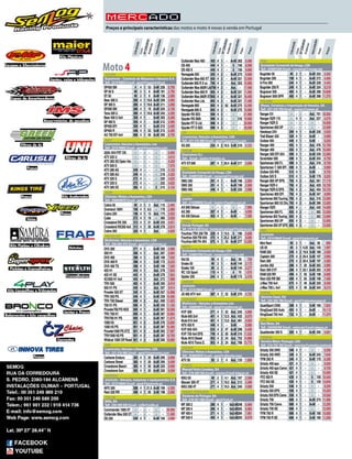 Cilindrada
Cilindrada
Cilindrada
NºCilindros
NºCilindros
NºCilindros
Ciclo
Ciclo
Ciclo
Velocidades
Velocidades
Velocidades
Peso
Peso
Peso
Preço
Preço
Preço
Potência
Potência
Potência
ACCESS
Supermoto - Comércio de Máquinas eVeículos S.A.
Telf.: 231410950 Email.: geral@supermoto.pt
SP450 SM	 4	 4	 1	 53	 5+M	 226	6.795
SP 50 S	 49	 2	 1	 6	 A+M	181	2.795
ST 50	 49	 2	 1	 6	 A+M	136	2.095
Bear 300 U	 280	 4	 1	 19.6	 A+M	259	4.995
SP 300 S	 280	 4	 1	 19.6	 A+M	211	3.995
SP300 SM	 280	 4	 1	 19	 A+M	224	5.150
Tena 300 U	 280	 4	 1	 19.6	 A+M	243	4.395
Bear 400 U 4x4	 359	 4	 1	 -	 A+M	303	6.395
SP 400 S	 359	 4	 1	 -	 A+M	212	4.995
SP400 EFI	 359	 4	 1	 -	 A+M	212	5.495
SP450 R	 448	 4	 1	 53	 5+M	 215	6.395
AX 700 EFi 4x4	 686	 4	 1	 50	 A+M	305	8.795
ADLY
Lusomotos,Veículos e Acessórios, Lda
Telf.: 231510860 Email.: geral@lusomotos.com
320U 4X4 FRT Dif.	 -	 -	 -	 -	 -	 -	6.050
ATV 220 U	 -	 -	 -	 -	 -	 -	3.615
ATV 300 XS Open Ver.	 -	 -	 -	 -	 -	 -	4.205
ATV 500 S	 -	 -	 -	 -	 -	 -	7.075
ATV 280 AS	 249	 4	 -	 -	 -	 210	4.155
ATV 280 AU	 249	 4	 -	 -	 -	 218	4.325
ATV 320 S	 272	 4	 -	 -	 -	 220	4.525
ATV 320 U	 272	 4	 -	 -	 -	 222	4.625
ATV 300 XS	 282	 4	 -	 -	 5	 215	4.155
AEON
Olimotor, Motos e Acessórios, LDA
Telf.: 256600876 Email.: geral@olimotor.com
Cobra 50	 49	 2	 1	 3	 Aut.	 115	2.495
Overland 180H	 169	 4	 1	 8.5	 -	 178	2.990
Cobra 220	 196	 4	 1	 13	 Aut.	 173	3.932
Cube	 272	4	1	19	 -	 360	5.929
Crossland RX 350	 313	 4	 1	 21	 A+M	233	4.931
Crossland RX350 4x4	 313	 4	 1	 20	 A+M	278	5.814
Cobra 350	 320	 4	 1	 -	 Aut.	 -	4.830
ARCTIC CAT
Multimoto,Veículos e Acessórios, LDA
Telf.: 256 600 870 Email.: geral@multimoto.pt
DVX 300	 271	 4	 1	 -	 A+M	202	4.990
350 H1	 366	 4	 1	 -	 Aut.	 267	5.694
DVX 400	 398	 4	 1	 -	 5+M	 169	7.042
DVX 400 R	 398	 4	 1	 -	 5+M	 172	8.233
DVX 400 TS	 398	 4	 1	 -	 5+M	 169	7.550
425 H1	 443	 4	 1	 -	 Aut.	 278	7.624
425 H1 SE	 443	 4	 1	 -	 A+M	278	7.824
XC450i H1 4x4	 443	 4	 1	 -	 Aut.	 272	7.988
TRV 500	 493	 4	 1	 -	 A+M	355	8.919
550 H1 PS	 545	 4	 1	 -	 Aut.	 307	9.914
Prowler 550 XT	 545	 4	 1	 -	 A+M	557	14.998
TRV 550 PS	 545	 4	 1	 -	 A+M	339	10.485
TRV 700 Diesel	 686	 4	 2	 -	 Aut.	 400	11.923
700 H1 PS	 695	 4	 1	 -	 A+M	335	11.165
Prowler700 PS HDX	 695	 4	 1	 -	 A+M	561	16.590
TRV 700 H1	 695	 4	 1	 -	 A+M	367	10.664
TRV700 H1 PS	 695	 4	 1	 -	 A+M	367	11.674
1000 H2	 951	 4	 2	 -	 A+M	376	13.850
1000 H2 PS	 951	 4	 2	 -	 A+M	387	15.360
Prowler1000 PS XTZ	 951	 4	 2	 -	 A+M	563	17.997
TRV1000 H2 PS	 951	 4	 2	 -	 A+M	387	15.760
Wildcat 1000 Off Road	 951	 4	 2	 -	 A+M	592	19.990
AXR
Lusomotos,Veículos e Acessórios, LDA
Telf.: 231 510 860 Email.: geral@lusomotos.com
Carbone Enduro	 383	 4	 1	 20	 A+M	295	9.999
Carbone Street	 383	 4	 1	 20	 A+M	295	9.599
Crossbone Beach	 383	 4	 1	 20	 A+M	325	9.699
Crossbone Sun	 383	 4	 1	 20	 A+M	325	9.099
BAROSSA
Jovimoto -Veículos, máquinas e equipamentos S.A.
Telf.: 231419640 Email.: geral@jovimoto.pt
APO 300	 288	 4	 1	 21.5	 A+M	199	4.395
Ram 520 RR	 499	 4	 1	 50	 5+M	 198	6.990
CAN AM
Milfa, SA
Telf.: 229 399 500 Email.: milfa@milfa.pt
Commander 1000 XT	 -	 -	 -	 -	 -	 -	20.990
Outlander Max 500 XT	 -	 -	 -	 -	 -	 -	11.490
DS 250	 249	 4	 1	 -	 A+M	194	4.990
Outlander Max 400	 400	 4	 1	 -	 A+M	302	9.490
DS 450	 449	 4	 1	 -	 5	 156	8.990
DS 450 X	 449	 4	 1	 -	 5	 156	9.990
Renegade 500	 500	 4	 2	 -	 A+M	275	9.990
Outlander Max 650 XT	 650	 4	 2	 -	 A+M	321	12.990
Outlander 800 R X xc	 799	 4	 2	 -	 Aut.	 303	15.990
Outlander Max 800R Ltd	799	4	 2	 -	 Aut.	 -	17.490
Outlander Max 800 R	 800	 4	 2	 -	 A+M	321	11.990
Outlander Max 800R XT	800	 4	 2	 -	 A+M	321	16.490
Outlander Max Ltd.	 800	 4	 2	 -	 A+M	321	17.490
Renegade 800	 800	 4	 2	 62	 A+M	275	12.490
Renegade 800 X	 800	 4	 2	 -	 A+M	275	15.990
Spyder RS SE5	 998	 4	 2	 -	 -	 -	21.990
Spyder RS SM5	 998	 4	 2	 -	 -	 316	19.990
Spyder RT S Ltd.	 998	 4	 2	 -	 -	 -	30.990
Spyder RT S SE5	 998	 4	 2	 -	 -	 -	29.990
CPI
Lusomotos,Veículos e Acessórios, LDA
Telf.: 231 510 860 Email.: geral@lusomotos.com
XS 250	 234	 4	 2	 16.5	 5+M	 210	4.101
DAELIM
Desmotron S.L.
Telf.: Email.: daelim@daelim.es
ATV ET-300	 287	 4	 1	 20.4	 A+M	217	3.699
DINLI
Sociedade Comercial doVouga, LDA
Telf.: 234601500 Email.: comercial@vouga.net
DMU 350	 291	 4	 1	 -	 A+M	198	2.900
DMX 350	 291	 4	 1	 -	 A+M	198	2.900
DMU 450	 448	 4	 1	 -	 5+M	 220	3.996
GAMAX
Luzeiro
Telf.: 214398630 Email.: luzeiro@luzeiro.com.pt
AX 600 Deluxe	 -	 -	 -	 -	 -	 -	7.995
AX 300	 287	 4	 1	 -	 A+M	 -	4.695
AX 430 Deluxe	 403	 4	 1	 -	 A+M	 -	7.095
HONDA
Honda Portugal, SA
Telf.: 219 155 300 Email.: hondamotor.portugal@honda-eu.com
Fourtrax TRX 250 TM	 229	 4	 1	 15.5	 5	 180	6.600
Fourtrax 500 FM 4X4	 475	 4	 1	 25.2	 5+M	 271	9.000
Fourtrax 680 FA 4X4	 675	 4	 1	 33	 A+M	277	13.200
IMOTO
Sociedade Comercial doVouga, LDA
Telf.: 234601500 Email.: comercial@vouga.net
Kid 50	 49	 4	 1	 -	 Aut.	 58	750
Snake 50	 49	 2	 1	 -	 A+M	144	2.172
Snake 100	 96	 2	 1	 -	 A+M	144	2.277
RC 125 Sport	 119	 4	 1	 -	 4	 70	1.675
Spider 250	 244	 4	 1	 -	 A+M	175	2.478
JIANSHE
Jovimoto
Telf.: 231419640 Email.: geral@jovimoto.pt
JS 400 ATV 4x4	 387	 4	 1	 22	 5+M	 270	4.725
KAWASAKI
Multimoto -Veículos e Acessórios Lda.
Telf.: 256600870 Email.: geral@multimoto.pt
KVF 300	 271	 4	 1	 22	 Aut.	 242	4.890
Mule 600 2x4	 401	 4	 1	 12.5	 Aut.	 432	8.970
Mule 610 4x4	 401	 4	 1	 13.5	 Aut.	 461	9.950
KFX 450 R	 449	 4	 1	 -	 5+M	 -	8.980
KVF 650 4X4	 633	 4	 2	 47	 A+M	298	9.495
KVF 750 4x4 EPS	 749	 4	 2	 50	 A+M	316	11.525
Mule 4010 Diesel	 953	 4	 3	 24	 Aut.	 752	14.880
Mule 4010 Trans D.	 953	 4	 3	 24	 Aut.	 788	15.775
KEEWAY
Olimotor, Motos e Acessórios, LDA
Telf.: 256600876 Email.: geral@olimotor.com
ATV 50	 50	 2	 1	 4	 Aut.	 125	1.809
KYMCO
ManuelVieira Condeça, SA
Telf.: 218 400 034 Email.: mavico@mail.telepac.pt
MXU 50	 49	 2	 1	 4.1	 Aut.	 167	2.599
Maxxer 300 4T	 271	 4	 1	 19.3	 Aut.	 213	4.499
MXU 300 4T	 271	 4	 1	 19.3	 Aut.	 240	4.999
MASSEY FERGUSON
Tractores de Portugal, SA
Telf.: 218 551 000 Email.: geral@mt.pt
MF 300 2	 280	 4	 1	 -	 5x2+M	248	6.484
MF 300 4	 280	 4	 1	 -	 5x3+M	265	6.983
MF 400 4	 371	 4	 1	 -	 5x2+M	284	7.981
MF 500 4	 493	 4	 1	 -	 5x2+M	293	8.978
PGO
Sociedade Comercial doVouga, LDA
Telf.: 234601500 Email.: comercial@vouga.net
Bugrider 50	 49	 2	 1	 -	 A+M	252	3.342
Bugrider 200	 199	 4	 1	 -	 A+M	272	4.404
X-Fire 300	 244	 4	 1	 -	 A+M	228	4.443
Bugrider 250 R	 249	 4	 1	 -	 A+M	324	6.219
Bugracer 500	 460	 4	 1	 -	 A+M	398	10.699
Bugracer 500i SPR	 460	 4	 1	 -	 A+M	398	11.370
POLARIS
Masac, Comércio e Importação deVeículos, SA
Telf.: 231 410 750 Email.: masac@masac.pt
Ranger EV	 -	 -	 -	 -	 Aut.	 761	18.300
Ranger RZR 170	 -	 4	 1	 -	 Aut.	 227	5.075
Ranger RZR S	 -	 -	 -	 -	 -	 -	16.000
Sportsman 850 XP	 -	 -	 -	 -	 -	 -	12.000
Hawkeye 2X4	 299	 4	 1	 -	 A+M	236	5.625
Trail Blazer 330	 329	 4	 1	 -	 A+M	 -	5.990
Outlaw 450	 449	 4	 1	 -	 5+M	 -	9.225
Ranger 400	 455	 4	 1	 -	 Aut.	 476	12.700
Ranger 400	 455	 4	 1	 -	 Aut.	 476	10.500
Ranger 500 EFI 4X4	 499	 4	 1	 -	 A+M	539	12.000
Scrambler 500	 499	 4	 1	 -	 A+M	254	8.750
Sportsman 500 F.I.	 499	 4	 1	 -	 Aut.	 316	8.750
Sportsman T. 500 EFI	 499	 4	 1	 -	 A+M	 -	9.990
Outlaw 525 IRS	 510	 4	 1	 -	 5+M	 -	9.725
Outlaw 525 S	 510	 4	 1	 -	 5+M	 179	9.225
Ranger 800 XP EPS	 760	 4	 2	 -	 Aut.	 561	17.175
Ranger RZR 4	 760	 4	 2	 -	 Aut.	 429	18.700
Ranger RZR-S EPS	 760	 4	 2	 -	 Aut.	 454	19.725
Sportsman 800 EFI	 760	 4	 2	 -	 A+M	347	8.990
Sportsman800Touring	 760	4	 2	 -	 Aut.	316	12.000
Sportsman 800 X2 Dlx.	760	 4	 2	 -	 A+M	396	12.000
Ranger RZR	 800	 4	 -	 -	 Aut.	 430	14.000
Sportsman 850 F.I.	 850	 4	 2	 -	 -	 362	13.500
Sportsman850Touring	 850	4	2	 -	 -	 362	13.990
Sportsman 850 XP	 850	 4	 2	 -	 -	 -	12.000
Sportsman850XPEPS	 850	4	2	 -	 -	 -	12.500
SMC
Jovimoto
Telf.: 231419640 Email.: geral@jovimoto.pt
Mini Ram	 49	 2	 1	 -	 Aut.	 58	995
US 50	 49	 2	 1	 4.25	 Aut.	 140	1.997
RAM 250	 249	 4	 2	 19.9	 5+M	 180	3.595
Captain 300	 270	 4	 2	 20.4	 5+M	 197	3.995
Ram 300	 270	 4	 2	 20.4	 5+M	 197	4.585
Jumbo 302	 288	 4	 1	 20	 A+M	262	4.995
Ram 300 CVT	 288	 4	 1	 20.1	 A+M	202	4.395
RAM 520 RR	 499	 4	 1	 50	 5+M	 198	6.995
Ram 520 RR SM	 499	 4	 1	 50	 5+M	 198	7.495
J-Max 700 4x4	 675	 4	 1	 49	 A+M	320	8.450
J-Max 700 L 4x4	 675	 4	 1	 49	 A+M	344	9.215
SUZUKI
Veículos Casal, SA
Telf.: 234 300 760 Email.: geral@veiculoscasal.pt
QuadSport Z400	 398	 4	 1	 -	 5+M	 169	7.623
KingQuad 500 Auto	 493	 4	 1	 -	 A+M	 -	10.113
KingQuad 750 4x4	 722	 4	 1	 -	 A+M	 -	11.374
SYM
Red Moto, SA
Telf.: 234300760 Email.: redmoto@mail.telepac.pt
Quadlander 300 S	 300	 4	 1	 -	 A+M	200	4.691
YAMAHA
Yamaha Motor Portugal, LDA
Telf.: 214 722 100 Email.: yamaha@yamaha-motor.pt
Grizzly 350 2WD	 348	 4	 1	 -	 -	 -	6.250
Grizzly 350 4WD	 348	 4	 1	 -	 A+M	243	7.645
YFM 350 R	 349	 4	 1	 -	 6+M	 170	6.350
Grizzly 450 eps	 421	 4	 1	 -	 -	 -	9.500
Grizzly 450 eps Camo	 421	 4	 1	 -	 -	 -	9.700
Grizzly 450 SE	 421	 4	 1	 -	 -	 -	10.000
YFZ 450 R	 439	 4	 1	 -	 5	 159	10.345
YFZ 450 SE	 439	 4	 1	 -	 5	 159	10.845
Grizzly 550	 548	 4	 1	 -	 -	 -	8.250
Grizzly 550 EPS	 558	 4	 1	 -	 -	 -	10.250
Grizzly550EPSCamo	558	4	1	 -	 -	 -	10.550
Grizzly 700	 686	 4	 1	 -	 A+M	274	11.995
Grizzly 700 Camo	 686	 4	 1	 -	 A+M	 -	12.295
Grizzly 700 SE	 686	 4	 1	 -	 -	 -	12.595
YFM 700 R	 686	 4	 1	 -	 5+M	 180	10.000
YFM 700 R SE	 686	 4	 1	 -	 5+M	 180	11.000
Mercado
Preços e principais características das motos e moto 4 novas à venda em Portugal
Moto 4
 