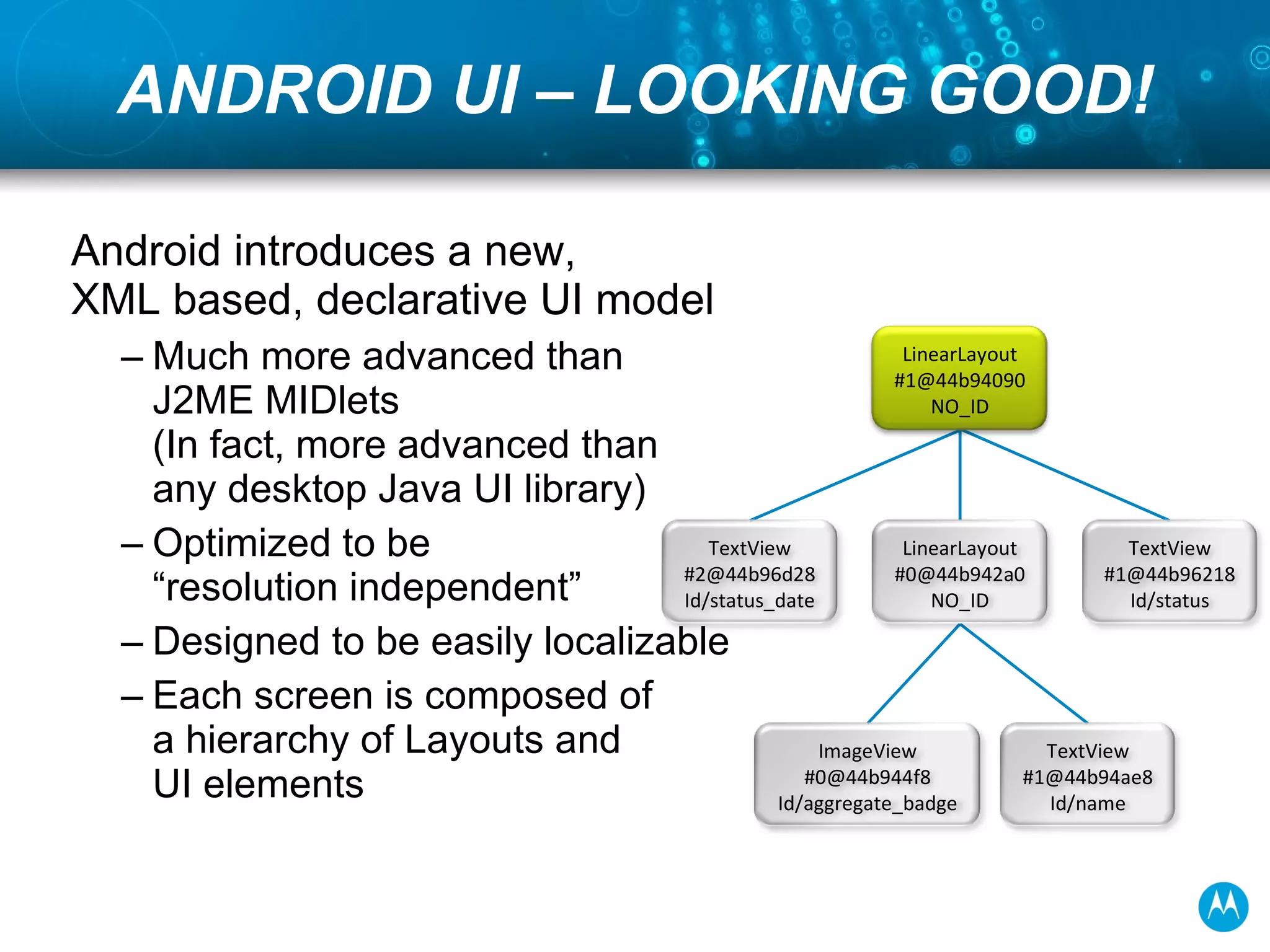 ANDROID UI – LOOKING GOOD! Android introduces a new,  XML based, declarative UI model Much more advanced than  J2ME MIDlets (In fact, more advanced than  any desktop Java UI library) Optimized to be  “resolution independent” Designed to be easily localizable Each screen is composed of  a hierarchy of Layouts and  UI elements LinearLayout #1@44b94090 NO_ID LinearLayout #0@44b942a0 NO_ID TextView #2@44b96d28 Id/status_date TextView #1@44b96218 Id/status ImageView #0@44b944f8 Id/aggregate_badge TextView #1@44b94ae8 Id/name 