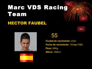 Marc VDS Racing Team HECTOR FAUBEL Altura:  169cm. Peso:  64Kg. Fecha de nacimiento:  10/Ago/1983 Ciudad de nacimiento:  Llíria          55                                