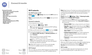 Connect & transfer

Wi-Fi networks

Connect & transfer
Quick start: connect & transfer
Bluetooth® wireless
Wi-Fi networks
USB cables
Share your data connection
Data use
Your cloud
Phone & tablet
Virtual Private Networks (VPN)
Mobile network
Flight mode

Turn Wi-Fi power on/off
Find it: Apps
turn it ON .

>

Settings, then touch the Wi-Fi switch to

Note: To extend battery life, turn Wi-Fi
using it.

OFF

when you’re not

To find networks in your range:
>

• Network SSID: Enter a unique name for your hotspot.

Settings > Wi-Fi.

Tip: To see your phone's MAC address and Wi-Fi settings,
touch Menu > Advanced.
2 Make sure the switch at the top is

ON

, then touch SCAN.

3 Touch a found network to connect it (if necessary,
enter Network SSID, Security and Wireless password, and
touch Connect).
When your phone connects, the Wi-Fi status
indicator
appears in the status bar.
Note: If you see a question mark in the Wi-Fi status
indicator , pull down the status bar, touch the network
and enter the network's password.
Tip: When Wi-Fi power is on, your phone automatically
reconnects to available networks it has used before

Wi-Fi hotspot

Menu

More

Back

Next

Find it: Apps
>
Settings > More > Tethering & mobile
hotspot and tick Portable Wi-Fi hotspot.
1 Your phone turns off Wi-Fi power and uses the mobile
network for Internet access. Touch Set up Wi-Fi hotspot to
set up security:

Connect to networks
1 Touch Apps

Note: Keep it secure. To protect your phone and hotspot from
unauthorised access, it is strongly recommended that you set
up hotspot security (WPA2 is the most secure), including
password.

Your can make your phone a Wi-Fi hotspot to provide portable,
convenient Internet access to other Wi-Fi-enabled devices.

• Security: Select the type of security you want: Open or
WPA2. For WPA2, enter a unique password that others
will need to access your Wi-Fi hotspot.
Note: WPA2 is recommended by IEEE.
• Hotspot frequency band: If you notice interference
after your hotspot has been active for a while, try
different channels.
• Password: Create a password with at least eight
characters.
2 Touch Save when the settings are complete.
When your Wi-Fi hotspot is active, other Wi-Fi enabled devices
can connect by entering your hotspot’s SSID, selecting a
Security type and entering the correct Password.

Wi-Fi modes
For those who like to get a bit more technical, your phone
supports the following Wi-Fi modes: 802.11a, b, g, n.

 