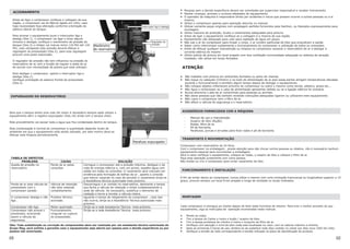 Pessoas sem a devida experiência devem ser orientadas por supervisor responsável e receber treinamento
Manter crianças, animais e curiosos afastados do equipamento.
O operador da máquina é responsável direto por acidentes e riscos que possam ocorrer a outras pessoas ou a si
mesmo.
Utilize o compressor apenas para operação descrita no manual.
Utilizar somente peças originais com acoplagem perfeita fornecidos pela Garthen, ou liberados expressamente para
montagem.
Utilize mascara de proteção, óculos e vestimentas adequadas para pintura.
Antes de ligar o equipamento verifique se a voltagem é a mesma de sua região.
Equipamento não adequado para usar para captação de água em poços.
Não use o ar do compressor para limpar o corpo, o ar contém partículas de óleo que prejudicam a saúde.
Saber como interromper subitamente o funcionamento do compressor e utilização de todos os comandos.
Antes de efetuar qualquer manutenção ou limpeza no compressor esvaziar o reservatório de ar e desligar a
corrente elétrica do mesmo
Utilize pistola de pintura em local arejado com boa ventilação luminosidade adequada ou sistema de aeração
instalado, não utilize em locais fechados.
ATENÇÃO
Não trabalhe com pintura em ambientes fechados ou perto de chamas.
Não toque no cabeçote (Cilindro) e no tubo de alimentação de ar pois essas partes atingem temperaturas elevadas
durante o funcionamento e também algum tempo depois de desligar o equipamento.
Não coloque objetos inflamáveis próximo do compressor ou sobre o mesmo como tecido, plástico, graxa etc...
Não ligue o compressor se o cabo de alimentação apresentar defeito ou se a ligação elétrica for precária.
Nunca direcione o jato de ar comprimido para pessoas ou animais.
Não deixe pessoas que não tenham recebido instruções adequadas ligarem ou utilizarem este equipamento
Não Ligue o compressor sem o filtro de ar.
Não altere a válvula de segurança e o reservatório.
ACESSÓRIOS FORNECIDOS COM A MÁQUINA
- Manual de uso e manutenção.
- Suspiro de óleo (Bujão)
- Rodas, filtro de ar.
- Pé de borracha.
- Parafusos, porcas e arruelas para fixar rodas e pé de borracha.
TRANSPORTE E MOVIMENTAÇÃO
Compressor com reservatório de 24 litros.
Com o compressor na embalagem , preste atenção para não chocar contra pessoas ou objetos, não é necessário nenhum
equipamento especial para movimentar a embalagem.
Abra a caixa verifique o equipamento, coloque as rodas, o suspiro de óleo e coloque o filtro de ar.
Faça essa operação juntamente com outra pessoa.
Não tombe ou vire o compressor para evitar vazamento de óleo.
FUNCIONAMENTO E INSTALAÇÃO
A fim de evitar danos ao compressor, nunca utilize o mesmo com uma inclinação transversal ou longitudinal superior a 15
graus, procure sempre um local firme arejado e longe de umidade ou locais molhados.
MONTAGEM
Cada compressor é entregue ao cliente depois de feito teste funcional do mesmo. Para tirar o melhor proveito do seu
equipamento, siga as instruções de operação enumeradas neste manual.
Monte as rodas.
Tire a tampa do Carter e insira o bujão / suspiro de óleo.
Tire a tampa protetora do cilindro e insira o conjunto de filtro de ar.
Verifique com atenção o nível de óleo onde esta localizada no visor, com os valores máximo e mínimo.
Após as primeiras 5 horas de uso, lembre-se de substituir todo óleo contido no carter por óleo novo (ISO VG-100).
Verifique a tensão da rede correspondente a tensão indicada na placa de identificação do produto.
ACIONAMENTO
Antes de ligar o compressor verifique a voltagem da sua
região, o compressor sai de fábrica ligado em 220v, caso
haja necessidade faça alteração conforme orientação do
desivo lateral do tanque.
ara acionar o equipamento puxe o interruptor liga e
esliga (Des 1), o compressor vai ligar e levar alguns
inutos e desligar, verifique o manômetro de pressão do
sta regulagem
rocure uma posto autorizado.
regulador de pressão não tem influencia na pressão do
servatório de ar, tem a função de regular a saída de ar
e acordo com necessidade da pistola que está utilizado.
ara desligar o compressor aperte o interruptor liga e
esliga (Des.1).
erifique orientação do adesivo frontal do pressostato
es.2)
a
P
d
m
tanque (Des.3) o relógio vai marcar entre 110 PSI até 120
PSI, caso ultrapasse esta pressão deverá efetuar a
regulagem do pressostato (Des.2), para e
p
O
re
d
P
d
V
(D
EXPURGADOR DO RESERVATÓRIO
Para que o tanque tenha uma vida útil maior é necessário
equipamento abrir o registro expurgador (Des.10) ainda com
Este procedimento vai escoar toda a água que fica conden
sempre após utilizar o
o tanque cheio.
sada dentro do tanque.
sta condensação é normal do compressor a quantidade depende muito do
este motivo deve-se
ABELA DE DEFEITOS
PROBLEMA CAUSA SOLUÇÃO
E
ambiente em que o equipamento está sendo utilizado, por
efetuar esta limpeza periodicamente.
T
Queda de pressão no
servatório
Perda de ar pelas
conexões
Carregue o compressor até a pressão máxima, desligue-o da
rede de energia elétrica e, com um pincel, espalhe água com
sabão em todas as conexões. O vazamento será colocado em
evidência pela formação de bolhas de ar , aperte a conexão
que estiver vazando no caso de persistir o vazamento dirija-se
à Assistência técnica autorizada mais próximo.
re
Perda de ar pela válvula do Válvula de retenção Descarregue o ar contido no reservatório, desmonte a tampa
ção
ssário, substitua o elemento de
vedação e torne a montar a válvula inteira.
pressostato com o
compressor parado.
não esta vedando
completamente.
que fecha a válvula de reten
sede da válvula. Se nece
e limpe cuidadosamente a
O compressor desliga e não Protetor térmico Aguarde o tempo de religam
liga . acionado.
ento do compressor , caso isso
não ocorra, dirija-se a Assistência Técnica autorizada mais
próximo.
Compressor não liga Motor queimado Dirija-se a rede Assistencia Técnica mais próximo.
Compressor não aciona o Funciona
pressotato, acionando
ssim a válvula de
segurança.
mento
irregular ou ruptura
do pressosta o.
Dirija-se a rede Assistência Técnica mais próximo.
a t
Obs: Toda substituição ou correção de omponentes deve ser realizada por um assistente técnico autorizado do
Grupo Meg, será extinta a garantia caso o equipamento eja aberto por pessoa sem a devida experiência ou por
.
c
s
pessoa não autorizada
05 02
 