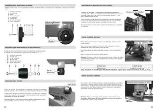 SEQÜÊNCIA DE MONTAGEM DA RODA
Montar as rodas (Des. 11) no compressor conforme seqüência abaixo, a conexão com o compressor é feita entre o número
5 e 6.
1. Parafuso prisioneiro
2. Arruela Lisa
3. Roda
4. Porca sextavada
5. Arruela lisa
6. Arruela lisa
7. Arruela de pressão
8. Porca sextavada
SEQÜÊNCIA DE MONTAGEM DO PÉ DE BORRACHA
Montar pé de borracha (Des.9) conforme seqüência numérica abaixo.
a conexão com o compressor é feita entre os números 3 e 4.
1. Parafuso sextavado
2. Arruela lisa
3. Pé de borracha
4. Arruela lisa
5. Arruela de pressão
6. Porca sextavada
MONTAGEM DO FILTRO
filtro de ar (Des. 5) acompanha o compressor, não ligue o compressor
ntes de colocar o filtro, ele evita que entre impurezas dentro do cilindro.
impe o filtro sempre que terminar de utilizar o equipamento, trabalhar
om o filtro sujo além de prejudicar cilindro pistões e anéis também é
sponsável por perda de pressão.
ntes de colocar o filtro retire o protetor plástico transparente e após
oloque o filtro conforme indicado na imagem ao lado.
O
a
L
c
re
A
c
suspiro do óleo (des. 13) acompanha o compressor e também é
vel permitido,
antenha o nível de óleo sempre na posição central do visor.
ara colocar óleo no carter retire o suspiro de óleo (Des.13) e complete
u abasteça.
O
essencial para o bom funcionamento equipamento, tem função de aliviar
a pressão criada dentro do carter do compressor, e também é o local
para o abastecimento de óleo.
O furo central do bujão não deve ficar obstruído, caso haja vazamento
excessivo de óleo provavelmente existe óleo além do ní
m
P
o
o de
do óleo conforme tabela abaixo:
tenção: Verifique o nível do óleo diariamente, antes e depois de utilizar
equipamento, trabalhar com o equipamento com pouco óleo causará
anos ao equiamento.
Antes de ligar o compressor verifique o nível do óleo através do visor
frontal (Des.4).
VISOR DO NÍVEL DO ÓLEO
Caso o nível esteja a baixo do centro do visor (marcador vermelho)
complete até que o nível atinja o cento do visor.
aso esteja acima do centro (Marcador vrmelho) retire o excess
C
óleo.
fetue a troca
E
A
o
d
TIRAR ÓLEO DO CARTER
5 Horas de uso
Primeira troca
Segunda Troca 20 Horas de Uso
Demais trocas A cada 60 horas de uso
Obs. Usar óleo de classificação API ISO VG 100 (Óleo vegetal
ara retirar o óleo do carter verifique a posição d
P o parafuso na lateral do
3)
r o
ma.
Atenção: Não faça mont leo ou manutenção com o
compressor ligado, antes er procedimento desligue o
compressor conforme imagem ao lado, retire suspiro de óleo (Des.1
depois retire o parafuso com o equipamento ainda quente para facilita
escoamento do óleo, depois volte a colocar o parafuso e coloque óleo
ovamente conforme instrução aci
n
agem, troca de ó
de efetuar qualqu
equipamento e retire o plug da tomada.
para compressores de ar de até 10 pés)
MONTAGEM DO SUSPIRO DE ÓLEO (Bujão)
03 04
 