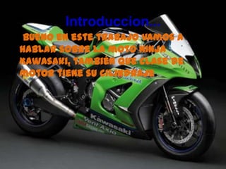 Introduccion...*bueno en este trabajo vamos a hablar sobre la moto ninja Kawasaki, también que clase de motor tiene su cilindraje.   