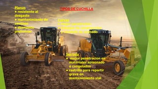 TIPOS DE CUCHILLA
Curvas
• mejor penetracion
• trabajos de construccion
y nivelado de acabado
Planas
• resistente al
desgaste
• mantenimiento de
caminos
• desmonte
preliminar
Serrada
• mejor penetracion en
materiales apisonado
o congelados
• rastrillo para repartir
grava en
mantenimiento vial
 