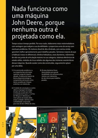 21 3
Nada funciona como
uma máquina
John Deere, porque
nenhuma outra é
projetada como ela.
Tempo ocioso é tempo perdido. Por essa razão, elaboramos estas motoniveladoras
com vantagens que realçam a sua durabilidade e proporciona anos de serviço sem
eventuais problemas. Os motores diesel de alta cilindrada, com camisa úmida,
garantem melhor aproveitamento para trabalhos pesados. Semieixos maiores do que
o habitual, travas no diferencial, cilindros hidráulicos, eixos dianteiros, rolamentos
de rolo nas juntas de articulação maiores na sua categoria, sistemas eletrônicos de
estado sólido, módulos de troca selados são algumas das inúmeras características
dessas máquinas. Quando souber como são construídas, seguramente optará
por uma delas.
1. O círculo de alta resistência e a
	 sua respectiva barra de tração 		
	 suportam cargas de impacto 		
	 elevado. O sistema de impacto da 		
	 lâmina disponível protege os 		
	 componentes estruturais contra 		
	 danos causados por choques 		
	 acidentais com obstáculos.
2. O módulo de comutação e o centro
elétrico empregam tecnologia
	 de placa de circuito que reduz
	 as conexões de 25 para 1, e os fios
	 de 100 para 4. Retentores e 		
	 interruptores de estado sólido 		
	 evitam umidade e detritos e têm 		
	 confiabilidade comprovada 		
	 para mais de dois milhões de ciclos.
3. Os eixos dianteiros foram
desenvolvidos para grande
durabilidade com exclusivos pinos
mestres com rolamentos
	 de rolo cônicos para trabalhos
	 pesados.
8
9
 