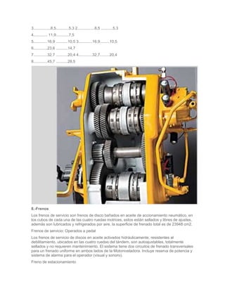 3................8,5............5,3 2................8,5 ...........5,3
4............. 11,9............7,5
5.............16,9 ...........10,5 3.............16,9.........10,5
6.............23,6 ...........14,7
7.............32,7 ...........20,4 4.............32,7.........20,4
8.............45,7 ...........28,5




8.-Frenos
Los frenos de servicio son frenos de disco bañados en aceite de accionamiento neumático, en
los cubos de cada una de las cuatro ruedas motrices, estos están sellados y libres de ajustes,
además son lubricados y refrigerados por aire, la superficie de frenado total es de 23948 cm2.
Frenos de servicio: Operados a pedal
Los frenos de servicio de discos en aceite activados hidráulicamente, resistentes al
debilitamiento, ubicados en las cuatro ruedas del tándem, son autoajustables, totalmente
sellados y no requieren mantenimiento. El sistema tiene dos circuitos de frenado transversales
para un frenado uniforme en ambos lados de la Motoniveladora. Incluye reserva de potencia y
sistema de alarma para el operador (visual y sonoro).
Freno de estacionamiento
 