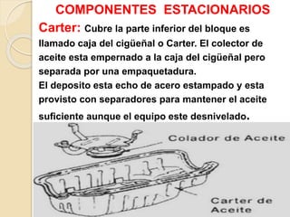 COMPONENTES ESTACIONARIOS
Carter: Cubre la parte inferior del bloque es
llamado caja del cigüeñal o Carter. El colector de
aceite esta empernado a la caja del cigüeñal pero
separada por una empaquetadura.
El deposito esta echo de acero estampado y esta
provisto con separadores para mantener el aceite
suficiente aunque el equipo este desnivelado.
 