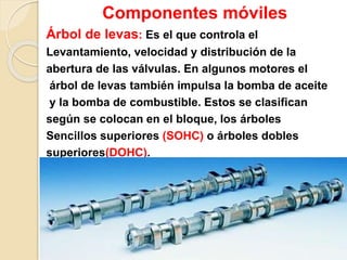 Componentes móviles
Árbol de levas: Es el que controla el
Levantamiento, velocidad y distribución de la
abertura de las válvulas. En algunos motores el
árbol de levas también impulsa la bomba de aceite
y la bomba de combustible. Estos se clasifican
según se colocan en el bloque, los árboles
Sencillos superiores (SOHC) o árboles dobles
superiores(DOHC).
 