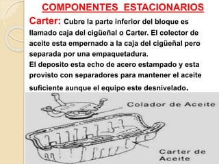COMPONENTES ESTACIONARIOS
Carter: Cubre la parte inferior del bloque es
llamado caja del cigüeñal o Carter. El colector de
aceite esta empernado a la caja del cigüeñal pero
separada por una empaquetadura.
El deposito esta echo de acero estampado y esta
provisto con separadores para mantener el aceite
suficiente aunque el equipo este desnivelado.
 