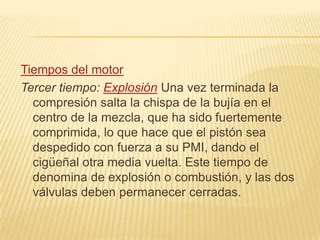 El pistón se desplaza en el interior del cilindro desde su punto muerto superior (P.M.S.), que es el más elevado que alcanza, al punto muerto inferior (P.M.I.) que es el más bajo de su recorrido. A esa distancia, se denomina carrera. Al diametro, interior, del cilindro se denomina calibre. Estos datos, se expresan en milímetros. Entendemos por cilindrada, el volumen comprendido entre el PMS y el PMI, es decir, el volumen de la parte del cilindro que comprende la carrera. Si un motor tiene varios cilindros, la cilindrada total de éste será la suma de las cilindradas de todos los cilindros. La cilindrada de un motor, se expresa en centímetros cúbicos (c.c.) o litros y se halla: Al alojamiento del conjunto de cilindros de un motor, se denomina bloque de cilindros. Los motores, generalmente, se clasifican tanto por el número de cilindros que montan, como por el sistema en que están dispuestos. Los principales, son:   - Motores de 4, 6 u 8 cilindros en linea. - Motores de 6, 8 ó 12 cilindros en V. - Motores de 2 ó 4 cilindros orizontales opuestos. En el caso de los cilindros en V, dos cabezas de biela irán alojadas en cada code del cigüeñal. A la capacidad de esfuerzo de un motor, se denomina potencia al freno, se mide en caballos de vapor (C.V.) y se determina aplicando un freno denamométrico al volante motor. No debemos confundir la potencia al freno con la "potencia fiscal". Esta última se obtiene por una formula, que no tiene nada que ver con la mecánica, y su finalidad es unicamente fiscal. 
