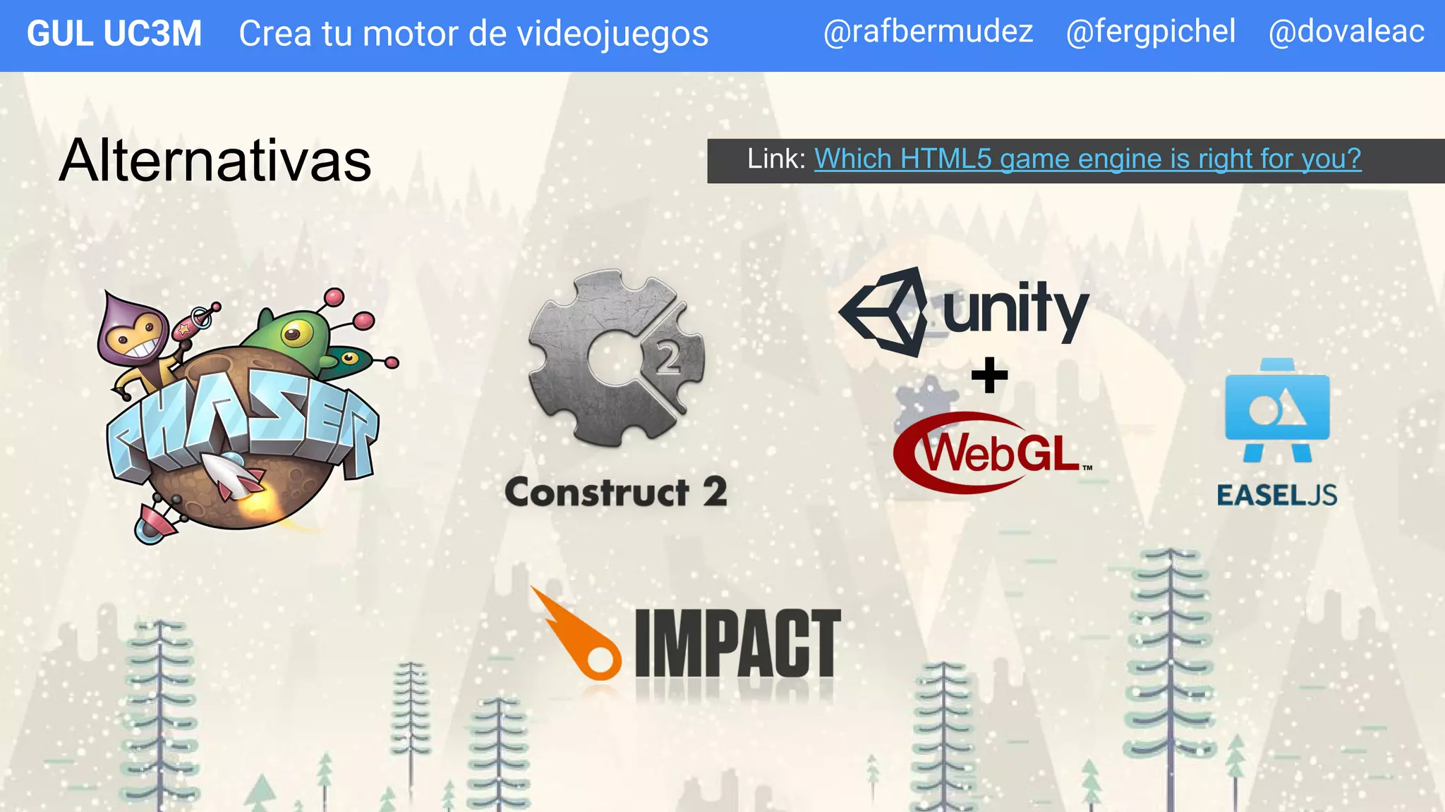 Crea tu motor de videojuegosGUL UC3M
Alternativas Link: Which HTML5 game engine is right for you?
+
@rafbermudez @fergpichel @dovaleac
 