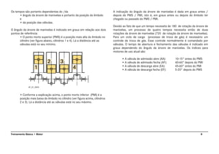 8Treinamento Básico • Motor
Os tempos são portanto dependentes do /da
• ângulo da árvore de manivelas e portanto da posição do êmbolo
e
• da posição das válvulas.
O ângulo da árvore de manivelas é indicado em graus em relação aos dois
pontos de referência:
• O ponto morto superior (PMS) é a posição mais alta do êmbolo no
cilindro (ver figura abaixo, cilindros 1 e 4). Lá a distância até as
válvulas está no seu mínimo.
• Conforme a explicação acima, o ponto morto inferior (PMI) é a
posição mais baixa do êmbolo no cilindro (ver figura acima, cilindros
2 e 3). Lá a distância até as válvulas está no seu máximo.
A indicação do ângulo da árvore de manivelas é dada em graus antes /
depois do PMS / PMI, isto é, em graus antes ou depois do êmbolo ter
chegado ou passado do PMS / PMI.
Devido ao fato de que um tempo necessita de 180 de rotação da árvore de
manivelas, um processo de quatro tempos necessita então de duas
rotações da árvore de manivelas (720 de rotação da árvore de manivelas).
Para um ciclo de carga (processo de troca de gás) é necessário um
controle de troca de gás. Esse controle normalmente é comandado por
válvulas. O tempo de abertura e fechamento das válvulas é indicado em
graus dependendo do ângulo da árvore de manivelas. Os índices para
motores de uso atual são:
• A válvula de admissão abre (AA): 10-15° antes do PMS
• A válvula de admissão fecha (AF): 40-60° depois do PMI
• A válvula de descarga abre (EA): 45-60° antes do PMI
• A válvula de descarga fecha (EF): 5-20° depois do PMS
AT_01_0005
 