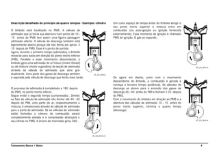 9Treinamento Básico • Motor
Descrição detalhada do princípio de quatro tempos - Exemplo: cilindro
O êmbolo está localizado no PMS. A válvula de
admissão que já inicia sua abertura num ponto de 10 -
15 antes do PMS tem assim uma ligeira passagem
admissão aberta. A válvula de descarga também está
ligeiramente aberta porque ela não fecha até aprox. 5
10 depois do PMS. Esse é o ponto de partida.
Agora, durante o primeiro tempo (admissão), o êmbolo
move-se para baixo em direção do ponto morto inferior
(PMI). Paralelo a esse movimento descendente, o
êmbolo gera uma admissão de ar fresco (motor Diesel)
ou de mistura (motor a gasolina) da seção de admissão
através da válvula de admissão que abre gra-
dualmente. Uma parte dos gases de descarga também
é aspirada pela válvula de descarga que fecha mais tarde.
O processo de admissão é completado a 180 depois
do PMS, no ponto morto inferior.
Segue então o segundo tempo (compressão) . Devido
ao fato da válvula de admissão não fechar até 40 - 60
depois do PMI, uma parte do ar, respectivamente a
mistura, é pressionado através da válvula de admissão
para a porta de admissão. Se as válvulas de admissão
estão fechadas a câmara de combustão estará
completamente vedada e a compressão alcançará o
seu clímax no PMS. A árvore de manivelas girou 360 .
Um curto espaço de tempo antes do êmbolo atingir o
seu ponto morto superior a mistura entra em
combustão (via auto-ignição ou ignição fornecida
externamente). Esse momento de ignição é chamado
PMS de ignição. O gás se expande.
De agora em diante, junto com o movimento
descendente do êmbolo, a combustão é gerada e
começa o terceiro tempo (potência). As válvulas de
descarga se abrem para a emissão dos gases de
descarga 45 - 60 antes do PMI e fecham 5 20 depois
do PMS.
Com o movimento do êmbolo em direção ao PMS e a
abertura das válvulas de admissão 10 - 15 antes do
ponto morto superior, termina o quarto tempo
(descarga)
AT_03_0016.1
AT_03_0016.2.1
AT_03_0016.3
AT_03_0016.4
 