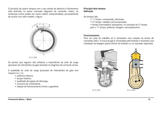 10Treinamento Básico • Motor
O princípio de quatro tempos com o seu tempo de abertura e fechamento
está ilustrado no assim chamado diagrama de comando. Assim, as
sentenças acima podem ser muito melhor compreendidas, provavelmente
de acordo com este modelo / figura:
Os pontos que seguem irão enfatizar a importância do ciclo de carga
(processo de intercâmbio de gás) ilustrado no diagrama de comando acima:
A qualidade do ciclo de carga (processo de intercâmbio de gás) tem
impacto na / no
• potência máxima,
• torque máximo,
• qualidade dos gases de descarga,
• consumo de combustível,
• relação de funcionamento (motor a gasolina)
Princípio dois tempos
Definição
Os tempos são:
• 1º tempo: compressão, admissão,
• 2º tempo: trabalho, pré-compressão,
• tempo intermediário sobreposto, na transição do 2º tempo
para o 1º tempo: potência, lavagem, extravasamento.
Funcionamento
Para um ciclo de trabalho só é necessária uma rotação da árvore de
manivelas (360 ). A troca de gás é comandada pelo êmbolo e necessita uma
instalação de lavagem (parte inferior do êmbolo ou um soprador separado)
AT_01_0009
AT_01_0009 AT_01_0020
 