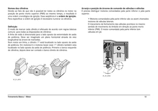 12Treinamento Básico • Motor
Nomes dos cilindros
Devido ao fato de que não é possível ter todos os cilindros no motor na
posição de ponto morto superior (PMS) ao mesmo tempo, o resultado é
uma ordem cronológica de ignição. Essa seqüência é a ordem de ignição.
Para especificar a ordem de ignição é necessário numerar os cilindros.
Definição
O modo de marcar cada cilindro é efetuado de acordo com regras básicas
comuns para todas as disposições de cilindros:
A linha de visão é direcionada para o lado oposto da extremidade de saída
de potência. Deve ser imaginado um plano horizontal através do eixo
longitudinal da árvore de manivelas.
Num motor em linha, o cilindro 1º está localizado no lado oposto da saída
de potência. Em motores-V e motores boxer esse 1º cilindro também esta
localizado no lado oposto da saída de potência. Primeiro o banco esquerdo
de cilindros, depois deve ser contado o banco direito de cilindros.
Arranjo e posição de árvores de comando de válvulas e válvulas
É preciso distinguir motores comandados pela parte inferior e pela parte
superior.
• Motores comandados pela parte inferior são os assim chamados
motores de válvulas laterais.
O mecanismo de fechamento das válvulas acontece no mesmo
sentido de movimento do êmbolo em direção ao ponto morto
inferior (PMI). O motor comandado pela parte inferior tem
válvulas em pé.
AT_01_0010
AT_05_0006
 