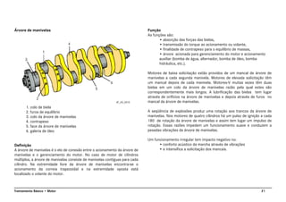 21Treinamento Básico • Motor
Árvore de manivelas
1. colo de biela
2. furos de equilíbrio
3. colo da árvore de manivelas
4. contrapeso
5. face da árvore de manivelas
6. galeria de óleo
Definição
A árvore de manivelas é o elo de conexão entre o acionamento da árvore de
manivelas e o gerenciamento do motor. No caso de motor de cilindros
múltiplos, a árvore de manivelas consiste de manivelas contíguas para cada
cilindro. Na extremidade livre da árvore de manivelas encontra-se o
acionamento da correia trapezoidal e na extremidade oposta está
localizado o volante do motor.
Função
As funções são:
• absorção das forças das bielas,
• transmissão do torque ao acionamento ou volante,
• finalidade de contrapeso para o equilíbrio de massas,
• árvore acionada para gerenciamento do motor e acionamento
auxiliar (bomba de água, alternador, bomba de óleo, bomba
hidráulica, etc.).
Motores de baixa solicitação estão providos de um mancal de árvore de
manivelas a cada segunda manivela. Motores de elevada solicitação têm
um mancal depois de cada manivela. Motores-V muitas vezes têm duas
bielas em um colo da árvore de manivelas razão pela qual estes são
correspondentemente mais longos. A lubrificação das bielas tem lugar
através de orifícios na árvore de manivelas e depois através de furos no
mancal da árvore de manivelas.
A seqüência de explosões produz uma rotação aos trancos da árvore de
manivelas. Nos motores de quatro cilindros há um pulso de ignição a cada
180 de rotação da árvore de manivelas e assim tem lugar um impulso de
rotação. Essas razões impedem um funcionamento suave e conduzem a
pesadas vibrações da árvore de manivelas.
Um funcionamento irregular tem impacto negativo no:
• conforto acústico da marcha através de vibrações
• e intensifica a solicitação dos mancais.
AT_03_0012
 