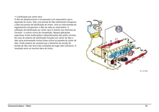 35Treinamento Básico • Motor
• Lubrificação por cárter seco
O óleo de abastecimento é armazenado num reservatório que é
separado do motor. Dali, uma bomba de óleo lubrificante transporta
o óleo aos pontos de lubrificação do motor. Uma ou mais bombas de
esgotamento transportam o óleo de volta ao reservatório. A
utilização de lubrificação por cárter seco é restrito aos domínios da
Formula 1 e outros carros de competição. Nessas aplicações
esportivas, fortes acelerações e desacelerações são ações normais.
No caso do sistema de lubrificação forçada com cárter de óleo o
óleo seria arremessado muitas vezes contra as paredes do cárter de
óleo. Então poderia ser possível que o elemento de sucção da
bomba de óleo não teria mais condições de sugar óleo suficiente. O
resultado seria um enorme dano de motor.
AT_18_0006
 