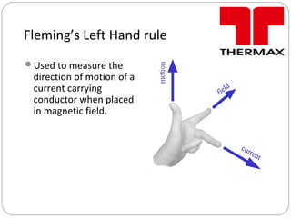 Fleming’s Left Hand rule
Used to measure the
direction of motion of a
current carrying
conductor when placed
in magnetic field.
 