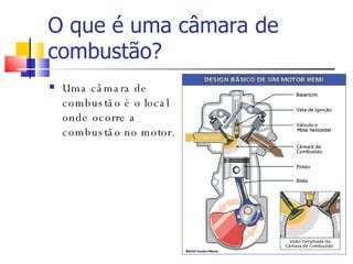 O que é uma câmara de combustão? Uma câmara de combustão é o local onde ocorre a combustão no motor. 
