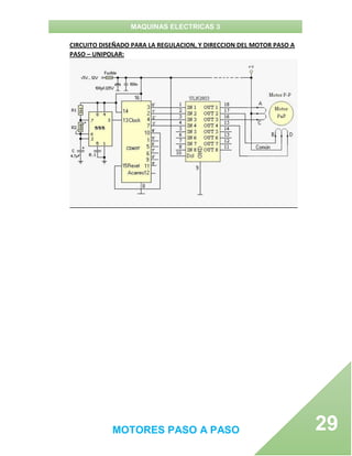 MAQUINAS ELECTRICAS 3
MOTORES PASO A PASO 29
CIRCUITO DISEÑADO PARA LA REGULACION, Y DIRECCION DEL MOTOR PASO A
PASO – UNIPOLAR:
 