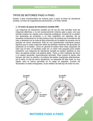 MAQUINAS ELECTRICAS 3
MOTORES PASO A PASO 9
TIPOS DE MOTORES PASO A PASO
Existen 3 tipos fundamentales de motores paso a paso: el motor de reluctancia
variable, el motor de magnetización permanente, y el motor híbrido.
a) El motor de pasos de reluctancia variable (VR):
Las máquinas de reluctancia variable son tal vez las más sencillas entre las
máquinas eléctricas, y no son exclusivamente motores paso a paso, sino que
también pueden ser usadas como máquinas analógicas. Constan de un estator
con devanados de excitación, y un rotor magnético con salientes. No se
necesitan conductores en el rotor porque el par se produce por la tendencia del
rotor a alinearse con la onda de flujo producida por el estator de acuerdo con la
posición de menor reluctancia. Esto es una característica importante porque
significa que en estas máquinas todas las pérdidas resistivas del devanado se
presentan en el estator. Como en general el estator tiene mejor disipación de
calor que el rotor, el resultado suele ser un motor más pequeño para similar
prestación. Las máquinas de reluctancia variable se pueden clasificar en dos
tipos: de saliente simple y de saliente doble. Tiene un rotor multipolar de hierro
y un estator devanado, opcionalmente laminado. Rota cuando el diente más
cercano del rotor es atraído a la bobina del estator energizada obteniéndose,
por lo tanto, la ruta de menor reluctancia. La respuesta de este motor es muy
rápida, pero la inercia permitida en la carga es pequeña. Cuando los
devanados no están energizados, el par estático de este tipo de motor es cero.
 