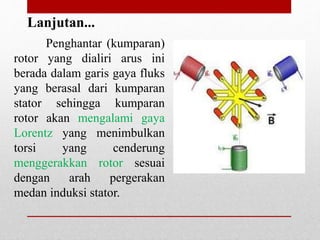 Penghantar (kumparan)
rotor yang dialiri arus ini
berada dalam garis gaya fluks
yang berasal dari kumparan
stator sehingga kumparan
rotor akan mengalami gaya
Lorentz yang menimbulkan
torsi yang cenderung
menggerakkan rotor sesuai
dengan arah pergerakan
medan induksi stator.
Lanjutan...
 