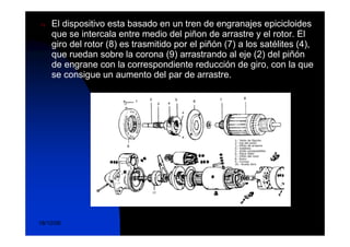 n   El dispositivo esta basado en un tren de engranajes epicicloides
    que se intercala entre medio del piñon de arrastre y el rotor. El
    giro del rotor (8) es trasmitido por el piñón (7) a los satélites (4),
    que ruedan sobre la corona (9) arrastrando al eje (2) del piñón
    de engrane con la correspondiente reducción de giro, con la que
    se consigue un aumento del par de arrastre.




                              DuocUc, Ingenería Mecánica
18/10/06                                                                19
                                Automotriz y Autotrónica
 