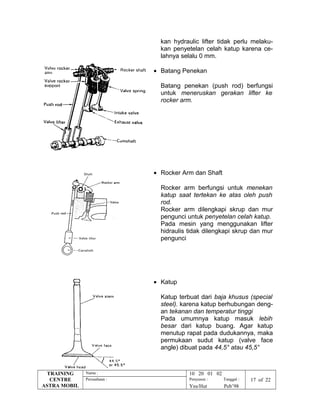 kan hydraulic lifter tidak perlu melaku-
kan penyetelan celah katup karena ce-
lahnya selalu 0 mm.
• Batang Penekan
Batang penekan (push rod) berfungsi
untuk meneruskan gerakan lifter ke
rocker arm.
• Rocker Arm dan Shaft
Rocker arm berfungsi untuk menekan
katup saat tertekan ke atas oleh push
rod.
Rocker arm dilengkapi skrup dan mur
pengunci untuk penyetelan celah katup.
Pada mesin yang menggunakan lifter
hidraulis tidak dilengkapi skrup dan mur
pengunci
• Katup
Katup terbuat dari baja khusus (special
steel). karena katup berhubungan deng-
an tekanan dan temperatur tinggi
Pada umumnya katup masuk lebih
besar dari katup buang. Agar katup
menutup rapat pada dudukannya, maka
permukaan sudut katup (valve face
angle) dibuat pada 44,5° atau 45,5°
TRAINING
CENTRE
ASTRA MOBIL
Nama : 10 20 01 02
Perusahaan : Penyusun : Tanggal : 17 of 22
Yns/Hut Peb’98
 