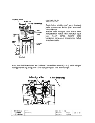 CELAH KATUP
Celah katup adalah celah yang terdapat
pada mekanisme katup (dari camshaft
sampai katup)
Apabila tidak terdapat celah katup akan
menyebabkan katup tidak menutup rapat
saat mesin panas, karena pada
komponen-komponen mekanisme katup
terjadi pemuaian
Pada mekanisme katup DOHC (Double Over Head Camshaft) katup distel dengan
menggunakan adjusting shim (shim penyetel) pada saat mesin dingin.
TRAINING
CENTRE
ASTRA MOBIL
Nama : 10 20 01 02
Perusahaan : Penyusun : Tanggal : 20 of 22
Yns/Hut Peb’98
 