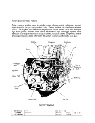 Rotary Engine ( Motor Rotary)
Rotary engine adalah suatu konstruksi mesin dimana untuk melakukan sebuah
langkah usaha dengan mengunakan rotor. Setiap sisi luar rotor berfungsi sebagai
piston. Sedangkan rotor berbentuk segitiga dan berarti bahwa pada rotor terdapat
tiga buah piston. Rumah rotor dibuat sedemikian rupa sehingga apabila rotor
berputar akan dapat melakukan langkah usaha. Langkah usaha yang timbul akibat
proses pembakaran pada rotor akan diteruskan ke crankshaft melalui roda gigi.
Oil Filter Alternator Distributor
Fan
Rotor
Eccentric
Shaft Front of
Eccentric
Shaft
Flywheel
Intake Port
Oil Pump
Exhaust
Ports
Tension Bolt Oil Pan
ROTARY ENGINE
TRAINING
CENTRE
ASTRA MOBIL
Nama : 10 20 01 02
Perusahaan : Penyusun : Tanggal : 22 of 22
Yns/Hut Peb’98
 