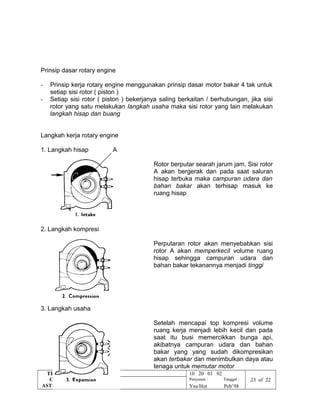 Prinsip dasar rotary engine
- Prinsip kerja rotary engine menggunakan prinsip dasar motor bakar 4 tak untuk
setiap sisi rotor ( piston )
- Setiap sisi rotor ( piston ) bekerjanya saling berkaitan / berhubungan, jika sisi
rotor yang satu melakukan langkah usaha maka sisi rotor yang lain melakukan
langkah hisap dan buang
Langkah kerja rotary engine
1. Langkah hisap A
Rotor berputar searah jarum jam. Sisi rotor
A akan bergerak dan pada saat saluran
hisap terbuka maka campuran udara dan
bahan bakar akan terhisap masuk ke
ruang hisap
2. Langkah kompresi
Perputaran rotor akan menyebabkan sisi
rotor A akan memperkecil volume ruang
hisap sehingga campuran udara dan
bahan bakar tekanannya menjadi tinggi
3. Langkah usaha
Setelah mencapai top kompresi volume
ruang kerja menjadi lebih kecil dan pada
saat itu busi memercikkan bunga api,
akibatnya campuran udara dan bahan
bakar yang yang sudah dikompresikan
akan terbakar dan menimbulkan daya atau
tenaga untuk memutar motor
TRAINING
CENTRE
ASTRA MOBIL
Nama : 10 20 01 02
Perusahaan : Penyusun : Tanggal : 23 of 22
Yns/Hut Peb’98
 