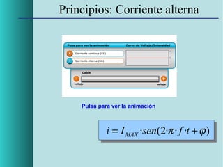 Principios: Corriente alterna

Pulsa para ver la animación

i = I MAX ·sen(2·π · f ·t + ϕ )

 