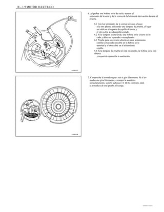 1E - 1 9 MOTOR ELECTRICO
6. Al probar una bobina serie de suelo, separar el
terminales de la serie y de la correa de la bobina de derivación durante el
prueba.
6.1 Con los terminales de la correa no tocan el caso
o la otra planta, utilizando una lámpara de prueba, el lugar
un cable en el soporte de cepillo de tierra y
el otro cable a cada cepillo aislado.
6.2 Si la lámpara se enciende, una bobina serie a tierra es in-
cado y debe ser reparado o reemplazado.
6.3 Prueba para un circuito abierto en cada aislamiento
cepillar colocando un cable en la bobina serie
terminal y el otro cable en el aislamiento
cepillo.
6.4 Si la lámpara de prueba no está encendido, la bobina serie está
abierta
y requerirá reparación o sustitución.
A102E217
7. Compruebe la armadura para ver si gira libremente. Si el ar-
madura no gira libremente, a romper la asamblea
inmediatamente, a partir del paso 14. De lo contrario, dará
la armadura de una prueba sin carga.
A102E218
DAEWOO T-154 BL2,3
 