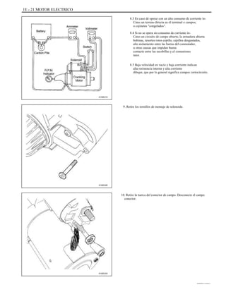 1E - 21 MOTOR ELECTRICO
8.3 En caso de operar con un alto consumo de corriente in-
Cates un terreno directa en el terminal o campos,
o cojinetes "congelados".
8.4 Si no se opera sin consumo de corriente in-
Cates un circuito de campo abierto, la armadura abierta
bobinas, resortes rotos cepillo, cepillos desgastados,
alto aislamiento entre las barras del conmutador,
u otras causas que impidan buena
contacto entre las escobillas y el comunismo
tator.
8.5 Baja velocidad en vacío y baja corriente indican
alta resistencia interna y alta corriente
dibujar, que por lo general significa campos cortocircuito.
A102E219
9. Retire los tornillos de montaje de solenoide.
A102E226
10. Retire la tuerca del conector de campo. Desconecte el campo
conector.
A102E243
DAEWOO T-154 BL2,3
 