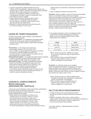 1E - 3 9 MOTOR ELECTRICO
2. Cuando la carga baterías selladas-terminales fuera de la
vehículo, instale el kit adaptador. Asegúrese de que todas las carac-
conexiones ger son limpias y apretadas. Para obtener mejores resultados,
las baterías deben cargarse mientras que el electrolito y
las placas son a temperatura ambiente. Una batería que es
extremadamente frío puede no aceptar la corriente para varios
horas después de iniciar el cargador.
3. Cargue la batería hasta que aparezca el punto verde. La
la batería debe ser revisado cada media hora mientras
de carga. Propinas o sacudiendo la batería puede ser nece-
nece- para que aparezca el punto verde.
4. Después de la carga, la batería debe ser probado carga. Re-
fer a "motor de arranque" en esta sección.
alquiler puede no ser detectable en amperímetros disponibles en
el campo.
2. Ajuste el cargador de la batería en la posición alta.
Importante: Algunos cargadores cuentan con protección de polaridad
circuitos, lo que impide la carga a menos que el cargador
cables están conectados correctamente a los terminales de la batería. La
completamente la batería descargada puede no tener suficiente
voltaje para activar este circuito, a pesar de que los cables
están conectados correctamente, haciendo que parezca que la ría
tery no aceptará corriente de carga. Por lo tanto, siga
instrucciones del fabricante del cargador específico para subproductos
pasando o anulando los circuitos para que el cargador
encender y cargar una batería de bajo voltaje.
3. Los cargadores de baterías varían en la cantidad de voltaje y
siempre actual. El tiempo requerido para que la batería
aceptar una corriente cargador medible en varios voltaje
edades pueden ser las siguientes:
CARGA DE TIEMPO REQUERIDO
El tiempo necesario para cargar una batería variará dependencia
ción de los siguientes factores:
DTamaño de la batería - Un completamente descargada grande
la batería de servicio pesado requiere más del doble de la re-
de carga como de pasajeros pequeña completamente descargada
batería de coche.
DTemperatura - A más tiempo será necesario para
cargar cualquier batería en -18_C (0_F) que a 27_C
(81_F). Cuando un cargador rápido está conectado a un resfriado
de la batería, la corriente aceptada por la batería será
muy bajo al principio. La batería aceptará una corriente más alta
tasa de alquiler que se calienta la batería.
DCapacidad del cargador - Un cargador que puede suministrar solamente
5 amperios requerirán un período mucho más largo de carga
que un cargador que puede suministrar 30 amperios o más.
DEl estado de carga - Una batería completamente descargada
requiere más del doble de la cantidad de carga como de uno
media carga de la batería. Debido a que el electrolito es casi
agua pura y un mal conductor de forma totalmente dis-
batería cargada, la corriente aceptado por la batería
es muy baja al principio. Más tarde, cuando la corriente de carga
hace que el contenido de ácido de electrolito para aumentar, la
corriente de carga será igualmente aumentar.
CARGAR EL COMPLETAMENTE
Batería descargada
(DESCENSO DEL VEHÍCULO)
A menos que este procedimiento se siguió correctamente, perfectamente
buena batería puede ser sustituida sin necesidad.
El siguiente procedimiento se debe utilizar para recargar una
batería completamente descargada:
1. Mida la tensión en los terminales de la batería con un
voltímetro precisa. Si la lectura es inferior a 10 voltios,
la corriente de carga será muy bajo, y podría tomar
algún tiempo antes de que la batería acepta la corriente en
exceso de unos pocos miliamperios. Consulte "Carga
Tiempo requerido "en esta sección, que se centra en la
factores que afectan tanto el tiempo de carga necesarios y
los cálculos aproximados de la siguiente tabla. Dicha baja corriente
ÁÁÁÁÁÁÁÁÁÁÁÁÁÁÁÁ
ÁÁÁÁÁÁÁÁÁÁÁÁÁÁÁÁ
ÁÁÁÁÁÁÁÁÁÁÁÁÁÁ
ÁÁÁÁÁÁÁÁÁÁÁÁÁÁÁÁ
ÁÁÁÁÁÁÁÁÁÁÁÁÁÁÁÁ
ÁÁÁÁÁÁÁÁÁÁÁÁÁÁÁÁ
ÁÁÁÁÁÁÁÁÁÁÁÁÁÁÁÁ
ÁÁÁÁÁÁÁÁ
Aaaaaaaaaaaaaaaaaaa
aaaaaaa
Voltaje Horas
16,0 o más
14,0-15,9
13,9 o menos
Hasta 4 horas
Hasta 8 horas
Hasta 16 horas
DSi la corriente de carga no es medible en el extremo
de las veces por encima de la carga, la batería debe ser
reemplazado.
DSi la corriente de carga es mensurable durante el
tiempo de carga, la batería es buena, y la carga
debe ser completado en el modo normal.
Importante: Es importante recordar que un completa-
mente descargada la batería debe ser recargada por un suficiente
número de amperios hora (Ah) para restaurar la batería a una
estado utilizable. Como regla general, el uso de la cidad reserva
dad (RC) calificación como el número de horas de amperios de carga
por lo general trae el punto verde a la vista.
DSi la corriente de carga no es todavía medible después
utilizando el tiempo de carga calculada por el anteriormente
método, la batería debe ser reemplazada.
DSi la corriente de carga es mensurable durante el
tiempo de carga, la batería es buena, y la carga
debe ser completado en el modo normal.
SALTO DE INICIO PROCEDIMIENTO
1. Coloque el vehículo con el bien (de pago) de la batería
de modo que los cables de arranque alcanzarán de una batería
a la otra.
2. Apague el encendido, todas las luces, y toda la eléctrica
cargas en ambos vehículos. Encienda la luz intermitente de emergencia, si
puede haber otro tipo de tráfico, y dejar en cualquier otro
las luces necesarias para el área de trabajo.
3. En ambos vehículos, se aplican firmemente el freno de
estacionamiento.
DAEWOO T-154 BL2,3
 