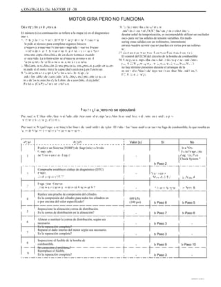 CONTROLES DE MOTOR 1F -38
MOTOR GIRA PERO NO FUNCIONA
Descripción de la prueba
El número (s) a continuación se refiere a la etapa (s) en el diagnóstico
mesa.
1. El diagnóstico a bordo (EOBD) Comprobación del sistema
le pide al técnico para completar algunos básicos
cheques y almacenar la imagen congelada y vuelva fracaso
cuerdas datos en la herramienta de análisis en su caso. Este
crea una copia electrónica de los datos tomados cuando
el ocurrido. La información se almacena entonces en el
herramienta de análisis para su posterior consulta.
3. Mediante la realización de una prueba de compresión, puede ser deter-
minada si el motor tiene la capacidad mecánica para funcionar.
9. Es importante comprobar la presencia de chispa de
todos los cables de encendido. Si la chispa está presente de uno a
tres de los terminales de la bobina de encendido, el cigüeñal
Posición (CKP) del sensor está bien.
19. En la comprobación del motor
módulo de control (ECM) Salidas para la electrónica
desatar señal de temporización, es recomendable utilizar un oscilador
osci- para ver las señales de tensión variables. En medi-
suring estas salidas con un voltímetro, intermitente
errores pueden ocurrir que no pueden ser vistos por un voltme-
ter.
35. cheques este paso para el correcto funcionamiento de la
El control del ECM del circuito de la bomba de combustible.
59. Este paso comprueba una señal de tierra que se suministran
por el ECM para operar los inyectores de combustible. Si
no hay término presentes durante el arranque de la
motor y el cableado del inyector de combustible está bien, la
ECM tiene la culpa.
Motor gira pero no se ejecutará
Precaución: Utilice sólo alicates aislados eléctricamente al manipular cables de encendido con el motor en marcha a pre-
ventilar una descarga eléctrica.
Precaución: No pellizque o restringir las líneas de combustible de nylon. El daño a las líneas podría causar una fuga de combustible, lo que resulta en
la posibilidad de incendio o lesiones personales.
Aaaaaaaaaa
ÁÁÁÁÁÁÁÁÁÁÁÁÁÁÁÁÁÁÁÁÁÁÁÁÁÁÁÁÁÁÁ
ÁÁÁÁÁÁÁÁÁÁÁÁÁÁÁÁÁÁÁÁÁÁÁÁÁÁÁÁÁÁÁ
ÁÁÁÁÁÁ
Paso Acción Valor (s) Sí No
1
Realizar un Sistema (EOBD) de diagnóstico a bordo
Compruebe.
Se llevó a cabo el cheque? -
Ir a "On-
Junta Diagnostic
diag- (EOBD)
Check System "
Ir Paso 2
2
3
Compruebe establecer código de diagnóstico (DTC)
P0601.
Es el conjunto DTC?
Haga girar el motor.
¿Arranca el motor y continuará funcionando?
- Ir a su caso
Mesa de DTC
Sistema Aceptar
Ir Paso 4
Ir Paso 5
ÁÁÁÁÁÁ
ÁÁÁÁÁÁÁÁÁÁÁÁÁÁÁÁÁÁÁÁÁÁÁÁÁÁÁÁÁÁÁ
ÁÁÁÁÁÁÁÁÁÁÁ Á
ÁÁÁÁÁÁÁÁÁÁÁÁÁÁÁÁÁÁÁÁÁÁÁÁÁÁÁÁÁÁÁ
ÁÁÁÁÁÁÁÁÁÁÁÁÁÁÁÁÁÁÁÁÁÁÁÁÁÁÁÁÁÁÁ
ÁÁÁÁÁÁÁÁÁÁÁÁÁÁÁÁÁÁÁÁÁÁÁÁÁÁÁÁÁÁÁ
ÁÁÁÁÁÁÁÁÁÁÁÁÁÁÁÁÁÁÁÁÁÁÁÁÁÁÁÁÁÁÁ
ÁÁÁÁÁÁÁÁÁÁÁÁÁÁÁÁÁÁÁÁÁ
Aaaaaaaaaa ÁÁÁÁ
ÁÁÁÁÁÁÁÁÁÁÁÁÁÁÁÁÁÁÁÁÁÁÁÁÁÁÁÁÁÁÁ
ÁÁÁÁÁÁÁÁÁÁÁÁÁÁÁÁÁÁÁÁÁÁ
Aaaaaaaaaaaaaaaaaaaa
ÁÁÁÁÁÁÁÁÁÁÁÁÁÁÁÁÁÁÁÁÁÁÁÁÁÁÁÁÁÁÁ
ÁÁÁÁÁÁÁÁÁÁÁÁ
ÁÁÁÁÁÁÁÁÁÁÁÁÁÁÁÁÁÁÁÁÁÁÁÁÁÁÁÁÁÁÁ
ÁÁÁÁÁÁÁÁÁÁÁÁÁÁÁÁÁÁÁÁÁÁÁÁÁÁÁÁÁÁÁ
ÁÁÁÁÁÁÁÁÁÁÁÁÁÁÁÁÁÁÁÁÁÁÁÁÁÁÁÁÁÁÁ
ÁÁÁÁÁÁÁÁÁÁÁÁÁÁÁÁÁÁÁÁÁÁÁÁ
ÁÁÁÁÁÁÁÁÁÁÁÁÁÁÁÁÁÁÁÁÁÁÁÁÁÁÁÁÁÁÁ
ÁÁÁÁÁÁÁÁÁÁÁÁÁÁÁÁÁÁÁÁÁÁÁÁÁÁÁÁÁÁÁ
ÁÁÁÁÁÁÁÁÁÁÁÁÁÁÁÁÁÁÁÁÁÁÁÁÁÁÁÁÁÁÁ
ÁÁÁÁÁÁÁÁÁÁÁÁÁÁÁÁÁÁÁÁÁÁÁÁ
ÁÁÁÁÁÁÁÁÁÁÁÁÁÁÁÁÁÁÁÁÁÁÁÁÁÁÁÁÁÁÁ
ÁÁÁÁÁÁÁÁÁÁÁÁÁÁÁÁÁÁÁÁÁÁÁÁÁÁÁÁÁÁÁ
-
4
Realice una prueba de compresión del cilindro.
Es la compresión del cilindro para todos los cilindros en
o por encima del valor especificado?
Inspeccione la alineación correa de distribución.
Es la correa de distribución en la alineación?
689 kPa
(100 psi)
-
-
-
-
-
Ir Paso 8
Ir Paso 7
Ir Paso 3
Ir Paso 3
Ir Paso 9
Ir Paso 3
Ir Paso 5
Ir Paso 6
-
-
5
6
7
8
Alinear o sustituir la correa de distribución, según sea
necesario.
Es la reparación completa?
Reparar el daño interno del motor según sea necesario.
Es la reparación completa?
Inspeccione el fusible de la bomba de
combustible.
Se encuentra el problema?
Reemplace el fusible.
Es la reparación completa?
Ir Paso 10
-
9
DAEWOO T-154 BL2,3
 