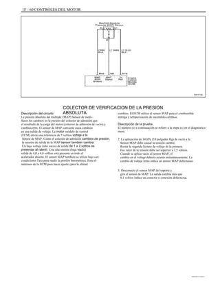 1F - 60 CONTROLES DEL MOTOR
TAA1F140
COLECTOR DE VERIFICACION DE LA PRESION
ABSOLUTADescripción del circuito
La presión absoluta del múltiple (MAP) Sensor de medi-
Sures los cambios en la presión del colector de admisión que
el resultado de la carga del motor (colector de admisión de vacío) y
cambios rpm. El sensor de MAP convierte estos cambios
en una salida de voltaje. La motor módulo de control
(ECM) envía una referencia de 5 voltios voltaje a la
Sensor de MAP. Como el colector de admisión cambios de presión,
la tensión de salida de la MAP sensor también cambia.
Un bajo voltaje (alto vacío) de salida de 1 a 2 voltios es
presentar al ralentí. Una alta tensión (baja vacío)
salida de 4,0 a 4,8 voltios está presente en todo el
acelerador abierto. El sensor MAP también se utiliza bajo cer-
condiciones Tain para medir la presión barométrica. Esta al-
mínimos de la ECM para hacer ajustes para la altitud
cambios. El ECM utiliza el sensor MAP para el combustible
entrega y temporización de encendido cambios.
Descripción de la prueba
El número (s) a continuación se refiere a la etapa (s) en el diagnóstico
mesa.
2. La aplicación de 34 kPa (10 pulgadas Hg) de vacío a la
Sensor MAP debe causar la tensión cambie.
Restar la segunda lectura de voltaje de la primera.
Ese valor de la tensión debe ser superior a 1,5 voltios.
Cuando se aplica vacío al sensor MAP, el
cambio en el voltaje debería ocurrir instantáneamente. La
cambio de voltaje lento indica un sensor MAP defectuoso.
3. Desconecte el sensor MAP del soporte y
gire el sensor de MAP. La salida cambia más que
0.1 voltios indica un conector o conexión defectuosa.
DAEWOO T-154 BL2,3
 