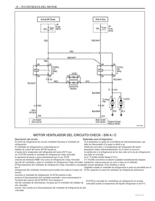 1F - 70 CONTROLES DEL MOTOR
TAA1F430
MOTOR VENTILADOR DEL CIRCUITO CHECK - SIN A / C
Descripción del circuito
El motor de refrigeración de circuito ventilador funciona el ventilador de
refrigeración.
El ventilador de refrigeración es controlada por el
módulo de control del motor (ECM) basada en
el aporte de la temperatura del refrigerante del motor (ECT) sen-
sor. El ECM controla el ventilador de refrigeración a baja velocidad
la operación de puesta a tierra internamente por el con- ECM
conector de terminales K28. Esto activa la refrigeración a baja velocidad
ing relé del ventilador y opera el ventilador de refrigeración a baja velocidad.
El funcionamiento del ventilador de refrigeración a baja velocidad se consigue
por el
refrigeración del ventilador resistencia provocando una caída en el apoyo de
tensión
recorrían el ventilador de refrigeración. El ECM controla el alta
acelerar el funcionamiento del ventilador poniendo a tierra internamente la
Terminal del conector del ECM K12. Esto energiza el
relé del ventilador de enfriamiento, sin pasar por el ventilador del radiador de
alta velocidad
resistor. Esto resulta en el funcionamiento del ventilador de refrigeración de alta
velocidad.
Materiales para el diagnóstico
Si el propietario se quejó de un problema de sobrecalentamiento, que
debe ser determinado si la queja se debió a un
ebullición real sobre, o la temperatura del refrigerante del motor
manómetro indica sobrecalentamiento. Si el motor es excesiva
la calefacción y la refrigeración de los fans están en la ma de refrigeración
tem debe ser revisado.
Si el / P fusible fusible bloque F14 I o
F11 Fusible convertirse en abierto (soplado) inmediatamente después
instalación, inspeccionar por un corto a masa en el cableado
del circuito apropiado. Si los fusibles se abren
(Soplado) cuando el ventilador de refrigeración es para ser encendido por el
ECM, sospecho un motor de ventilador de refrigeración defectuoso.
El ECM se enciende los ventiladores de refrigeración en un bajo
velocidad cuando la temperatura del líquido refrigerante es de 93 C
DAEWOO T-154 BL2,3
 