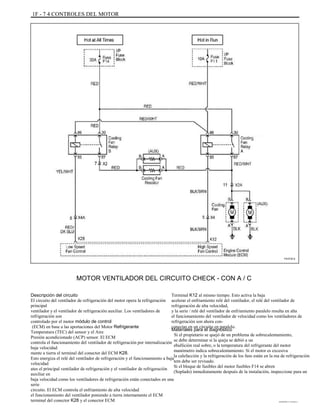 1F - 7 4 CONTROLES DEL MOTOR
F41F013
MOTOR VENTILADOR DEL CIRCUITO CHECK - CON A / C
Descripción del circuito
El circuito del ventilador de refrigeración del motor opera la refrigeración
principal
ventilador y el ventilador de refrigeración auxiliar. Los ventiladores de
refrigeración son
controlado por el motor módulo de control
(ECM) en base a las aportaciones del Motor Refrigerante
Temperatura (TEC) del sensor y el Aire
Presión acondicionado (ACP) sensor. El ECM
controla el funcionamiento del ventilador de refrigeración por internalización
baja velocidad
mente a tierra el terminal del conector del ECM K28.
Esto energiza el relé del ventilador de refrigeración y el funcionamiento a baja
velocidad
ates el principal ventilador de refrigeración y el ventilador de refrigeración
auxiliar en
baja velocidad como los ventiladores de refrigeración están conectados en una
serie
circuito. El ECM controla el enfriamiento de alta velocidad
el funcionamiento del ventilador poniendo a tierra internamente el ECM
terminal del conector K28 y el conector ECM
Terminal K12 al mismo tiempo. Esto activa la baja
acelerar el enfriamiento relé del ventilador, el relé del ventilador de
refrigeración de alta velocidad,
y la serie / relé del ventilador de enfriamiento paralelo resulta en alta
el funcionamiento del ventilador de velocidad como los ventiladores de
refrigeración son ahora con-
conectar en un circuito en paralelo.
Materiales para el diagnóstico
Si el propietario se quejó de un problema de sobrecalentamiento,
se debe determinar si la queja se debió a un
ebullición real sobre, o la temperatura del refrigerante del motor
manómetro indica sobrecalentamiento. Si el motor es excesiva
la calefacción y la refrigeración de los fans están en la ma de refrigeración
tem debe ser revisado.
Si el bloque de fusibles del motor fusibles F14 se abren
(Soplado) inmediatamente después de la instalación, inspeccione para un
DAEWOO T-154 BL2,3
 