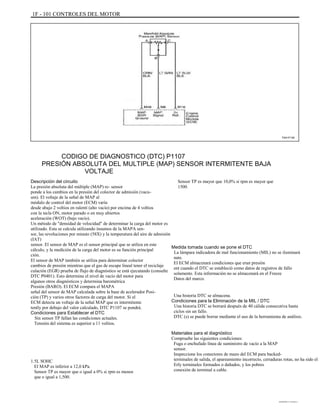 1F - 101 CONTROLES DEL MOTOR
TAA1F140
CODIGO DE DIAGNOSTICO (DTC) P1107
PRESIÓN ABSOLUTA DEL MULTIPLE (MAP) SENSOR INTERMITENTE BAJA
VOLTAJE
Descripción del circuito
La presión absoluta del múltiple (MAP) re- sensor
ponde a los cambios en la presión del colector de admisión (vacu-
um). El voltaje de la señal de MAP al
módulo de control del motor (ECM) varía
desde abajo 2 voltios en ralentí (alto vacío) por encima de 4 voltios
con la tecla ON, motor parado o en muy abiertos
aceleración (WOT) (bajo vacío).
Un método de "densidad de velocidad" de determinar la carga del motor es
utilizado. Esta se calcula utilizando insumos de la MAPA sen-
sor, las revoluciones por minuto (58X) y la temperatura del aire de admisión
(IAT)
sensor. El sensor de MAP es el sensor principal que se utiliza en este
cálculo, y la medición de la carga del motor es su función principal
ción.
El sensor de MAP también se utiliza para determinar colector
cambios de presión mientras que el gas de escape lineal tener el reciclaje
culación (EGR) prueba de flujo de diagnóstico se está ejecutando (consulte
DTC P0401). Esto determina el nivel de vacío del motor para
algunos otros diagnósticos y determina barométrica
Presión (BARO). El ECM compara el MAPA
señal del sensor de MAP calculada sobre la base de acelerador Posi-
ción (TP) y varios otros factores de carga del motor. Si el
ECM detecta un voltaje de la señal MAP que es intermitente
tently por debajo del valor calculado, DTC P1107 se pondrá.
Condiciones para Establecer el DTC
Sin sensor TP fallan las condiciones actuales.
Tensión del sistema es superior a 11 voltios.
1.5L SOHC
El MAP es inferior a 12,0 kPa.
Sensor TP es mayor que o igual a 0% si rpm es menos
que o igual a 1,500.
Sensor TP es mayor que 10,0% si rpm es mayor que
1500.
Medida tomada cuando se pone el DTC
La lámpara indicadora de mal funcionamiento (MIL) no se iluminará
nate.
El ECM almacenará condiciones que eran presión
ent cuando el DTC se estableció como datos de registros de fallo
solamente. Esta información no se almacenará en el Freeze
Datos del marco.
Una historia DTC se almacena.
Condiciones para la Eliminación de la MIL / DTC
Una historia DTC se borrará después de 40 cálida consecutiva hasta
ciclos sin un fallo.
DTC (s) se puede borrar mediante el uso de la herramienta de análisis.
Materiales para el diagnóstico
Compruebe las siguientes condiciones:
Fuga o enchufado línea de suministro de vacío a la MAP
sensor.
Inspeccione los conectores de mazo del ECM para backed-
terminales de salida, el apareamiento incorrecto, cerraduras rotas, no ha sido el
Erly terminales formados o dañados, y los pobres
conexión de terminal a cable.
DAEWOO T-154 BL2,3
 