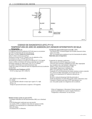 1F - 1 13 CONTROLES DEL MOTOR
TAAF150
CODIGO DE DIAGNOSTICO (DTC) P1112
TEMPERATURA DE AIRE DE ADMISION (IAT) SENSOR INTERMITENTE DE BAJA
TENSIÓNDescripción del circuito
La temperatura del aire de admisión (IAT) del sensor es un termistor
que mide la temperatura del aire que entra en el
del motor. El motor módulo de control (ECM)
aplica 5 voltios a través de un pull-up
resistencia al sensor de IAT. Cuando el aire de admisión es frío,
la resistencia es alta, y el ECM supervisar una
alta tensión de la señal en el circuito de la señal de IAT. Si la ingesta
el aire es cálido, la resistencia del sensor es más bajo que causa el
ECM para controlar un voltaje menor. DTC P1112 voluntad
set cuando el ECM detecta un intermitentemente bajo
voltaje de la señal en la señal del sensor de temperatura del aire de admisión
circuito final.
Condiciones para Establecer el DTC
El IAT es mayor que 149 C (300,2 F).
DTC P0502 no está establecido.
/1.5L SOHC
La velocidad del vehículo es mayor que o igual a 31,1 mph
(50 km / h).
Tiempo de ejecución del motor es superior a 120 segundos.
Condiciones para la Eliminación de la MIL / DTC
Una historia DTC se borrará después de 40 cálida consecutiva hasta
ciclos sin un fallo.
DTC (s) se puede borrar mediante el uso de la herramienta de análisis.
Materiales para el diagnóstico
Compruebe las siguientes condiciones:
Mala conexión en el ECM. Inspeccione el arnés
conectores para terminales respaldado por fuera, Mat- inapropiada
ing, cerraduras rotas, mal formados o dañados ter-
minales y mala conexión del terminal a cable.
Arnés dañado. Inspeccione el cableado por
daños. Si el arnés parece estar bien, observar
la pantalla IAT en la herramienta de escaneo mientras se mueve conexión
res y mazos de cables relacionados con el sensor de IAT. La
cambio en la visualización IAT indicará la ubicación de
la culpa.
Revisar el vehículo kilometraje Falla Records desde el
prueba de diagnóstico no pudo última puede ayudar a determinar cómo
a menudo la condición que causó el DTC para ajustarse ocu-
curs. Esto puede ayudar en el diagnóstico de la condición.
Utilice la Temperatura vs Resistencia Valores mesa para
evaluar la posibilidad de un sensor sesgada. Referirse a
"Temperatura vs Resistencia" en esta sección.
Medida tomada cuando se pone el DTC
La lámpara indicadora de mal funcionamiento (MIL) no se iluminará
nate.
El ECM almacenará condiciones que eran presión
ent cuando el DTC se estableció como datos de registros de fallo
solamente. Esta información no se almacenará como Freeze
Datos del marco.
Una historia DTC se almacena.
DAEWOO T-154 BL2,3
 