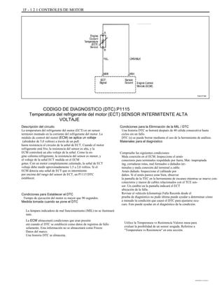 1F - 1 2 1 CONTROLES DE MOTOR
TAA1F160
CODIGO DE DIAGNOSTICO (DTC) P1115
Temperatura del refrigerante del motor (ECT) SENSOR INTERMITENTE ALTA
VOLTAJE
Descripción del circuito
La temperatura del refrigerante del motor (ECT) es un sensor
termistor montado en la corriente del refrigerante del motor. La
módulo de control del motor (ECM) se aplica un voltaje
(alrededor de 5,0 voltios) a través de un pull
hasta resistencia al circuito de la señal de ECT. Cuando el motor
refrigerante está frío, la resistencia del sensor es alta, y la
ECM controlará un alto voltaje de la señal. Como la en-
gine calienta refrigerante, la resistencia del sensor es menor, y
el voltaje de la señal ECT medida en el ECM
gotas. Con un motor completamente calentado, la señal de ECT
voltaje debe medir aproximadamente 1,5 a 2,0 voltios. Si el
ECM detecta una señal de ECT que es intermitente
por encima del rango del sensor de ECT, un P1115 DTC
establecer.
Condiciones para Establecer el DTC
Tiempo de ejecución del motor es mayor que 90 segundos.
Medida tomada cuando se pone el DTC
La lámpara indicadora de mal funcionamiento (MIL) no se iluminará
nate.
La ECM almacenará condiciones que eran presión
ent cuando el DTC se estableció como datos de registros de fallo
solamente. Esta información no se almacenará como Freeze
Datos del marco.
Una historia DTC se almacena.
Condiciones para la Eliminación de la MIL / DTC
Una historia DTC se borrará después de 40 cálida consecutiva hasta
ciclos sin un fallo.
DTC (s) se puede borrar mediante el uso de la herramienta de análisis.
Materiales para el diagnóstico
Compruebe las siguientes condiciones:
Mala conexión en el ECM. Inspeccione el arnés
conectores para terminales respaldado por fuera, Mat- inapropiada
ing, cerraduras rotas, mal formados o dañados ter-
minales y mala conexión del terminal a cable.
Arnés dañado. Inspeccione el cableado por
daños. Si el arnés parece estar bien, observar
la pantalla de la TEC en la herramienta de escaneo mientras se mueve con-
conectores y mazos de cables relacionados con el TCE sen-
sor. Un cambio en la pantalla indicará el ECT
ubicación de la falla.
Revisar el vehículo kilometraje Falla Records desde el
prueba de diagnóstico no pudo última puede ayudar a determinar cómo
a menudo la condición que causó el DTC para ajustarse ocu-
curs. Esto puede ayudar en el diagnóstico de la condición.
Utilice la Temperatura vs Resistencia Valores mesa para
evaluar la posibilidad de un sensor sesgada. Referirse a
"Temperatura vs Resistencia" en esta sección.
DAEWOO T-154 BL2,3
 