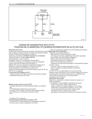 1F - 1 3 1 CONTROLES DE MOTOR
TAA1F170
CODIGO DE DIAGNOSTICO (DTC) P1121
POSICION DE LA MARIPOSA (TP) SENSOR INTERMITENTE DE ALTO VOLTAJE
Descripción del circuito
El circuito del sensor de posición del acelerador (TP) proporciona una tensión
señal de edad que cambia en relación con ángulo de la hoja del acelerador.
El sensor TP envía una señal de tensión de vuelta al
módulo de control del motor (ECM) en relación con el acelerador
abertura de la placa. El voltaje señal variará de
aproximadamente 1 voltio en cerrado
acelerador, a más de 4,9 v en Wide Open Throttle (WOT).
La señal TP es utilizado por el ECM para el control de combustible
y para la mayoría de las salidas ECM controladas. La
Señal de TP es una de las entradas más importantes utilizados por el
ECM para el control de combustible y la mayoría de la ECM
salidas controladas. Si el ECM detecta una señal de TP
es decir de forma intermitente por encima del rango del sensor de TP, una
DTC P1121 se establecerá.
Condiciones para Establecer el DTC
Voltaje del sensor de TP indica una interfaz de tensión del acelerador
mitentemente mayor que 4,86 voltios.
Medida tomada cuando se pone el DTC
La lámpara indicadora de mal funcionamiento (MIL) no se iluminará
nate.
El ECM almacenará condiciones que eran presión
ent cuando el DTC establece como únicos datos Registros de falla.
Esta información no se almacenará como Freeze Frame
datos.
Una historia DTC se almacena.
Condiciones para la Eliminación de la MIL / DTC
La historia DTC se borrará después de 40 calentamiento consecutivo
los ciclos en que se ejecuta el diagnóstico sin un fallo.
DTC (s) se puede borrar mediante el uso de la herramienta de análisis.
Materiales para el diagnóstico
Compruebe las siguientes condiciones:
Mala conexión en el ECM. Inspeccione el arnés
conectores para terminales respaldado por fuera, Mat- inapropiada
ing, cerraduras rotas, mal formados o dañados ter-
minales y mala conexión del terminal a cable.
Arnés dañado. Inspeccione el cableado por
daños. Si el arnés parece bien, observar el
visualización de la posición del acelerador en la herramienta de análisis
mientras se mueve
conectores y mazos de cables relacionados con el TP
sensor. Un cambio en la pantalla indicará la localización
ción de la falla.
Si el DTC P1121 no se puede duplicar, la revisión de la Falla
Registros vehículo kilometraje ya que la prueba de diagnóstico de última
no puede ayudar a determinar la frecuencia con la condición de que
causó el DTC para ajustar ocurre. Esto puede ayudar a
el diagnóstico de la condición.
Descripción de la prueba
Número (s) a continuación se refieren al número (s) de paso en el
Tabla de diagnóstico.
1. El diagnóstico a bordo (EOBD) Comprobación del sistema
le pide al técnico para completar algunos básicos
cheques y almacenar la imagen congelada y vuelva fracaso
cuerdas datos en la herramienta de análisis en su caso. Este
crea una copia electrónica de los datos tomados cuando
se produjo la avería. La información es entonces
almacenada en la herramienta de análisis para su posterior consulta.
DAEWOO T-154 BL2,3
 