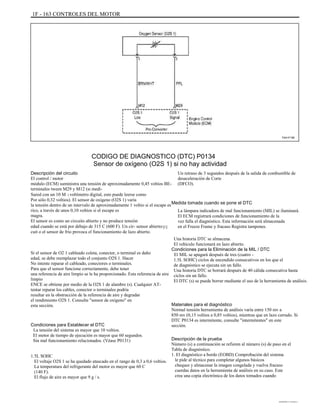 1F - 163 CONTROLES DEL MOTOR
TAA1F180
CODIGO DE DIAGNOSTICO (DTC) P0134
Sensor de oxígeno (O2S 1) si no hay actividad
Descripción del circuito
El control / motor
módulo (ECM) suministra una tensión de aproximadamente 0,45 voltios BE-
terminales tween M29 y M12 (si medi-
Sured con un 10 M :voltímetro digital, esto puede leerse como
Por sólo 0,32 voltios). El sensor de oxígeno (O2S 1) varía
la tensión dentro de un intervalo de aproximadamente 1 voltio si el escape es
rico, a través de unos 0,10 voltios si el escape es
magra.
El sensor es como un circuito abierto y no produce tensión
edad cuando se está por debajo de 315 C (600 F). Un cir- sensor abiertoqq
cuit o el sensor de frío provoca el funcionamiento de lazo abierto.
Si el sensor de O2 1 cableado coleta, conector, o terminal es daño
edad, se debe reemplazar todo el conjunto O2S 1. Hacer
No intente reparar el cableado, conectores o terminales.
Para que el sensor funcione correctamente, debe tener
una referencia de aire limpio se le ha proporcionado. Esta referencia de aire
limpio
ENCE se obtiene por medio de la O2S 1 de alambre (s). Cualquier AT-
tentar reparar los cables, conector o terminales podría
resultar en la obstrucción de la referencia de aire y degradar
el rendimiento O2S 1. Consulte "sensor de oxígeno" en
esta sección.
Condiciones para Establecer el DTC
La tensión del sistema es mayor que 10 voltios.
El motor de tiempo de ejecución es mayor que 60 segundos.
Sin mal funcionamiento relacionados. (Véase P0131)
1.5L SOHC
El voltaje O2S 1 se ha quedado atascado en el rango de 0,3 a 0,6 voltios.
La temperatura del refrigerante del motor es mayor que 60 C
(140 F).
El flujo de aire es mayor que 9 g / s.
Un retraso de 3 segundos después de la salida de combustible de
desaceleración de Corte
(DFCO).
Medida tomada cuando se pone el DTC
La lámpara indicadora de mal funcionamiento (MIL) se iluminará.
El ECM registrará condiciones de funcionamiento de la
vez falla el diagnóstico. Esta información será almacenada
en el Freeze Frame y fracaso Registra tampones.
Una historia DTC se almacena.
El vehículo funcionará en lazo abierto.
Condiciones para la Eliminación de la MIL / DTC
El MIL se apagará después de tres (cuatro -
1.5L SOHC) ciclos de encendido consecutivos en los que el
de diagnóstico se ejecuta sin un fallo.
Una historia DTC se borrará después de 40 cálida consecutiva hasta
ciclos sin un fallo.
El DTC (s) se puede borrar mediante el uso de la herramienta de análisis.
Materiales para el diagnóstico
Normal tensión herramienta de análisis varía entre 150 mv a
850 mv (0,15 voltios a 0,85 voltios), mientras que en lazo cerrado. Si
DTC P0134 es intermitente, consulte "intermitentes" en este
sección.
Descripción de la prueba
Número (s) a continuación se refieren al número (s) de paso en el
Tabla de diagnóstico.
1. El diagnóstico a bordo (EOBD) Comprobación del sistema
le pide al técnico para completar algunos básicos
cheques y almacenar la imagen congelada y vuelva fracaso
cuerdas datos en la herramienta de análisis en su caso. Este
crea una copia electrónica de los datos tomados cuando
DAEWOO T-154 BL2,3
 
