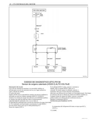 1F - 175 CONTROLES DEL MOTOR
TAA1F190
CODIGO DE DIAGNOSTICO (DTC) P0138
Sensor de oxígeno calentado (HO2S 2) ALTO VOLTAJE
Descripción del circuito
Con el fin de controlar las emisiones, un convertidor catalítico es
utilizado para convertir las emisiones nocivas en el agua inofensivos
vapor y dióxido de carbono.
El control del motor
módulo (ECM) tiene la capacidad de controlar este proceso mediante la
utilizando un sensor de oxígeno calentado (HO2S 2). El HO2S 2,
situado en la corriente de escape más allá de la convertibilidad catalítica
er, produce una señal de salida que indica el almacenamiento
capacidad edad del catalizador; esto a su vez indica la
la capacidad del catalizador para convertir las emisiones de escape efectividad
ly. Si el catalizador está funcionando correctamente, la señal HO2S 2
nal será mucho menos activa que la señal producida por el
Sensor de oxígeno (O2S 1).
Si el cableado HO2S 2 coleta, conector o terminal es
dañado, todo el conjunto HO2S 2 debe ser re-
colocado. No intente reparar el cableado, conector, o
terminales. Para que el sensor funcione correctamente,
debe tener una referencia de aire limpio se le ha proporcionado. Esta limpia
de referencia del aire se obtiene por medio de la HO2S 2 alambre (s).
Cualquier intento de reparar los cables, conector o terminales
podría resultar en la obstrucción de la referencia de aire y
degradar el rendimiento HO2S 2.
Condiciones para Establecer el DTC
La temperatura del refrigerante del motor es mayor que 60 Cq
(140 F).q
1.5L SOHC
DAEWOO T-154 BL2,3
 