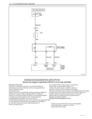 1F - 179 CONTROLES DEL MOTOR
TAA1F190
CODIGO DE DIAGNOSTICO (DTC) P0140
Sensor de oxígeno calentado (HO2S 2) si no hay actividad
Descripción del circuito
Con el fin de controlar las emisiones, un convertidor catalítico es
utilizado para convertir las emisiones nocivas en el agua inofensivos
vapor y dióxido de carbono.
El control del motor
módulo (ECM) tiene la capacidad de controlar este proceso mediante la
utilizando un sensor de oxígeno calentado (HO2S 2). El HO2S 2,
situado en la corriente de escape más allá de la convertibilidad catalítica
er, produce una señal de salida que indica el almacenamiento
capacidad edad del catalizador; esto a su vez indica la
la capacidad del catalizador para convertir las emisiones de escape efectividad
ly. Si el catalizador está funcionando correctamente, la señal HO2S 2
nal será mucho menos activa que la señal producida por el
Sensor de oxígeno (O2S 1).
Si el cableado HO2S 2 coleta, conector, o terminal son
dañado, todo el conjunto HO2S 2 debe ser re-
colocado. No intente reparar el cableado, conector, o
terminales. Para que el sensor funcione correctamente,
debe tener una referencia de aire limpio se le ha proporcionado. Esta limpia
de referencia del aire se obtiene por medio de la HO2S 2 alambre (s).
Cualquier intento de reparar los cables, conector o terminales
podría resultar en la obstrucción de la referencia de aire y
degradar el rendimiento HO2S 2.
Condiciones para Establecer el DTC
Tiempo de ejecución del motor es mayor de 60 segundos.
Tensión del sistema es superior a 10 voltios.
Estequiometría lazo cerrado.
DAEWOO T-154 BL2,3
 