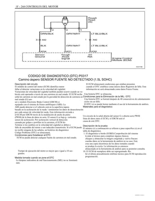 1F - 244 CONTROLES DEL MOTOR
KAA1F390
CODIGO DE DIAGNOSTICO (DTC) P0317
Camino áspero SENSOR FUENTE NO DETECTADO (1.5L SOHC)
Descripción del circuito
El módulo de control del motor (ECM) identifica motor
fallar al detectar variaciones en la velocidad del cigüeñal.
Variaciones de velocidad del cigüeñal también pueden ocurrir cuando un ve-
hículo está operando a través de una carretera en mal estado. El ECM recibe
señal de carretera en mal estado por la gravedad de detección de carretera en
mal estado (G) sen-
sor o módulo Electronic Brake Control (EBCM) si
equipado con el sistema de frenos antibloqueo (ABS). La
ABS puede detectar si el vehículo está en la superficie áspera
basado en la aceleración de la rueda / suministran los datos de desaceleración
por cada sensor de velocidad de rueda. Esta información enviada a
el ECM por EBCM través de la modulación de ancho de pulso
(PWM) de la línea de datos en serie. El sensor G es baja g- verticales
sensor de aceleración. Por aceleración vertical de detección
causada por golpes o portillas en la carretera, el ECM de-
Termine si los cambios en la velocidad del cigüeñal se deben a
fallo de encendido del motor o son inducidos transmisión. Si el ECM puede
no recibir ninguna de las señales, un histórico de diagnóstico
Código Problema (DTC) se almacenará.
Condiciones para Establecer el DTC
ECM no puede detectar cualquier fuente de carretera en mal estado.
Tiempo de ejecución del motor es mayor que o igual a 10 sec-
gundos.
Medida tomada cuando se pone el DTC
La lámpara indicadora de mal funcionamiento (MIL) no se iluminará
nate.
El ECM almacenará condiciones que estaban presentes
cuando el DTC establece como únicos datos Registros de falla. Este
información no será almacenada como datos Freeze Frame.
Una historia DTC se almacena.
Condiciones para la Eliminación de la MIL / DTC
Una historia DTC se borrará después de 40 consecutivos de calentamiento
ciclos sin un fallo.
El DTC (s) se puede borrar mediante el uso de la herramienta de análisis.
Materiales para el diagnóstico
Un circuito de la señal abierta del sensor G o abierta serie PWM
línea de datos entre el ECM y el EBCM será el
causa de este DTC.
Descripción de la prueba
El número (s) a continuación se refieren a paso específico (s) en el
tabla de diagnóstico.
1. El diagnóstico a bordo (EOBD) Comprobación del sistema
le pide al técnico para completar algunos básicos
cheques y almacenar la imagen congelada y vuelva fracaso
cuerdas datos en la herramienta de análisis en su caso. Este
crea una copia electrónica de los datos tomados cuando
se produjo la avería. La información es entonces
almacenada en la herramienta de análisis para su posterior consulta.
10. El ECM de reemplazo debe ser reprogramado. Re-
fer el último procedimiento teléfono técnico para ECM reproducción
programación.
DAEWOO T-154 BL2,3
 